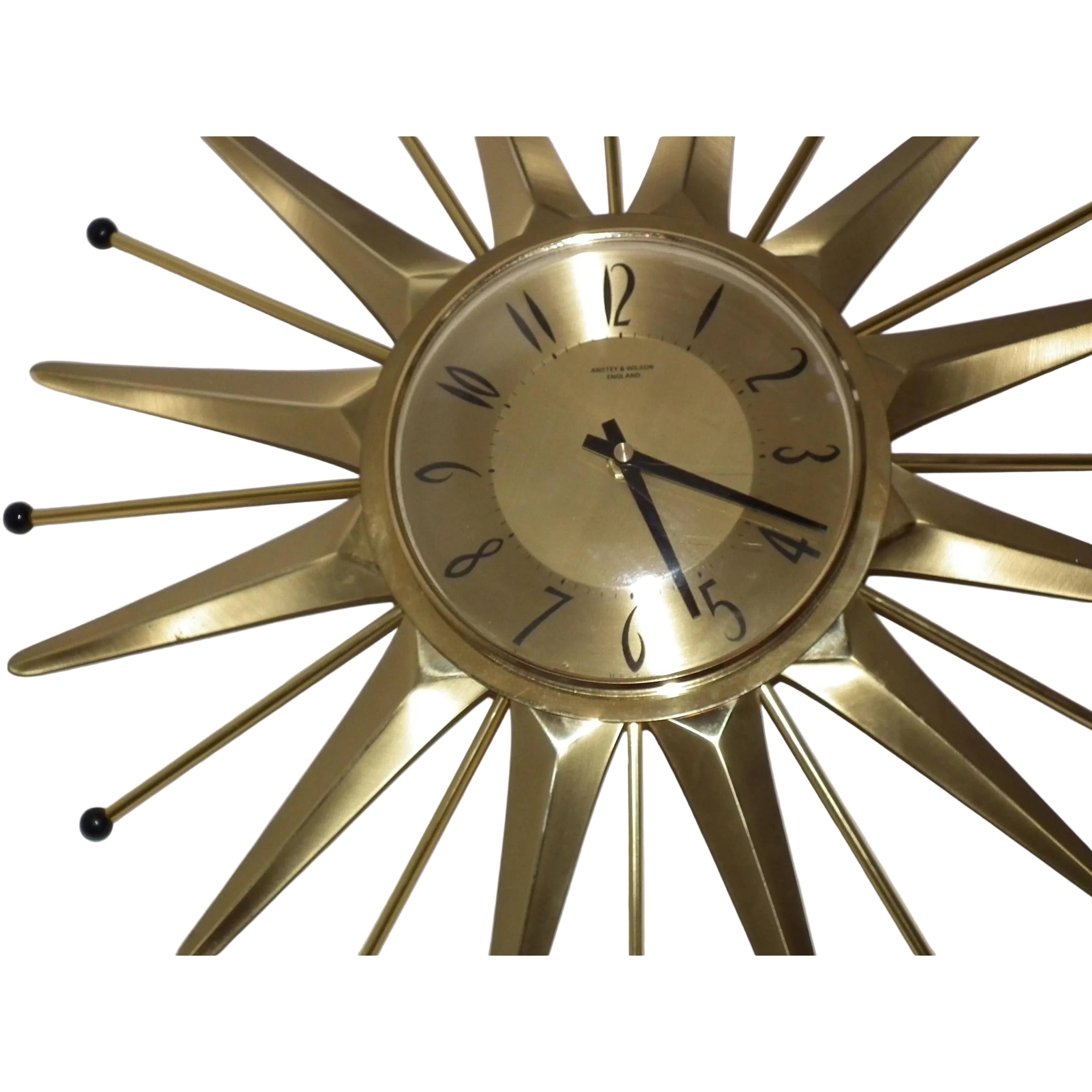 Anstey & Wilson Brass Sunburst Clock – 1960s Mid Century Modern Starburst Wall Clock
