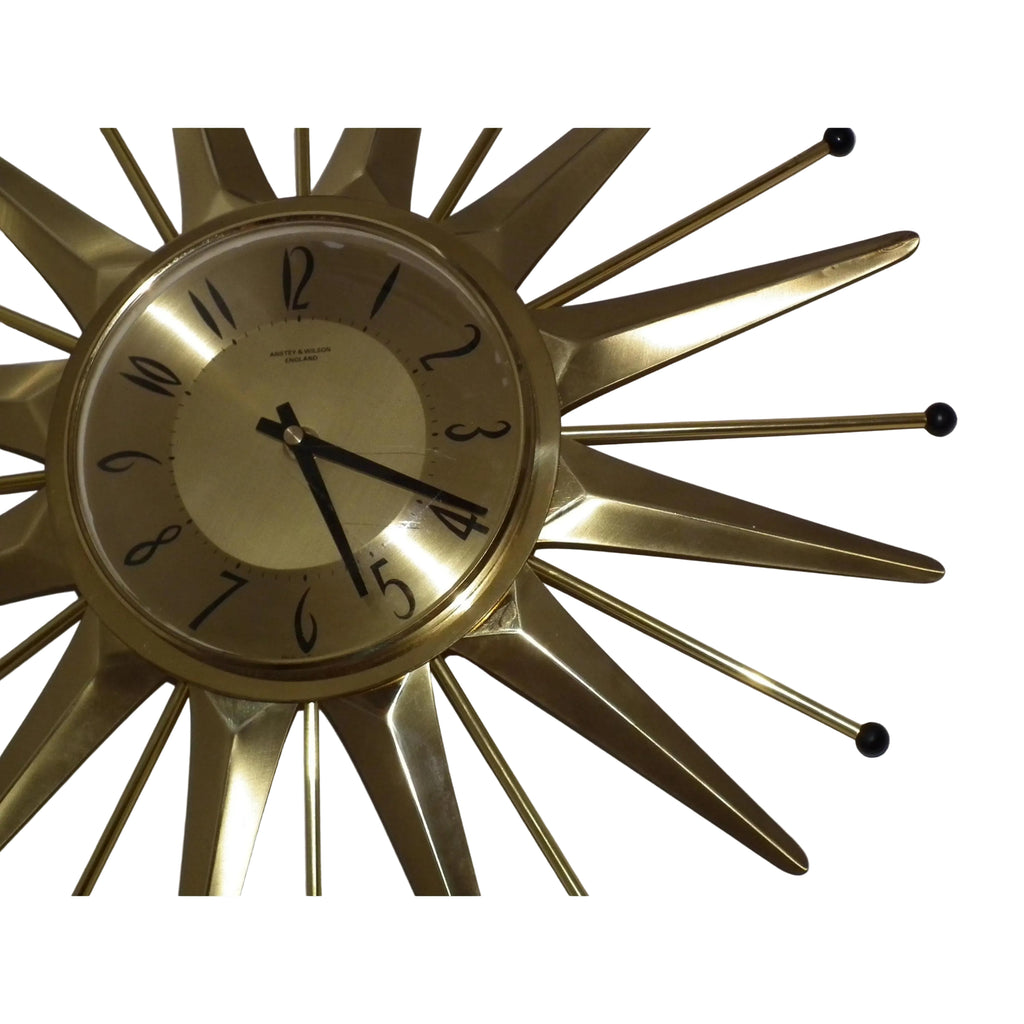 Anstey & Wilson Brass Sunburst Clock – 1960s Mid Century Modern Starburst Wall Clock
