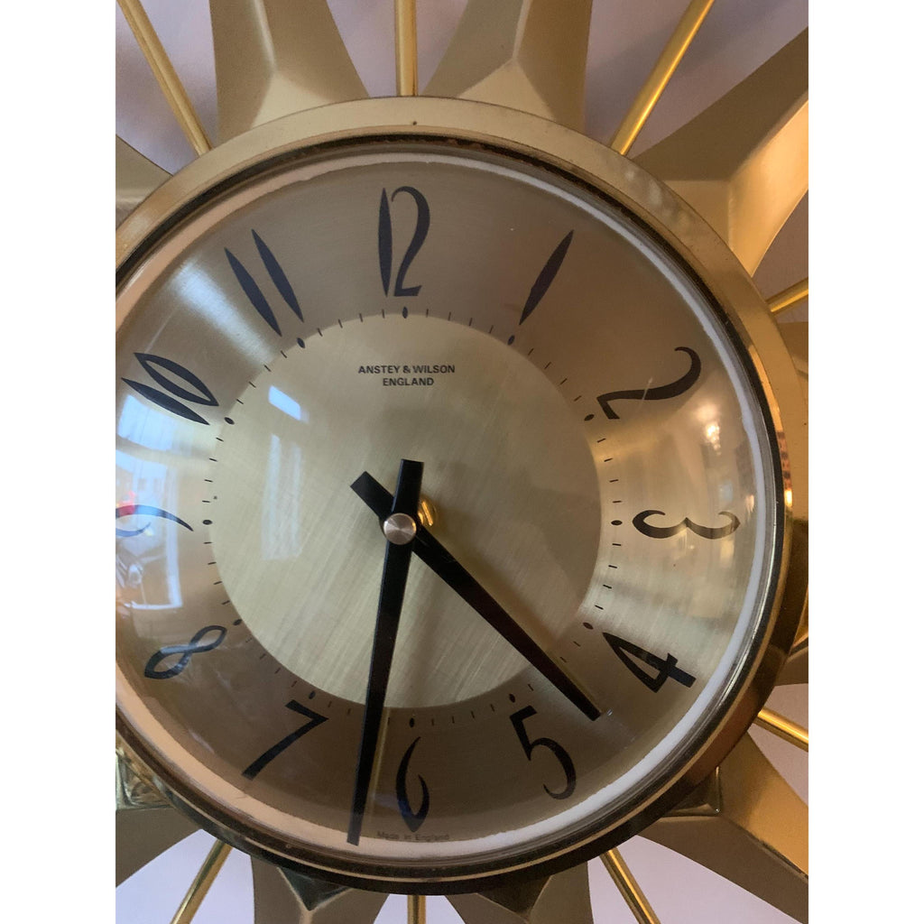 Anstey & Wilson Brass Sunburst Clock – 1960s Mid Century Modern Starburst Wall Clock
