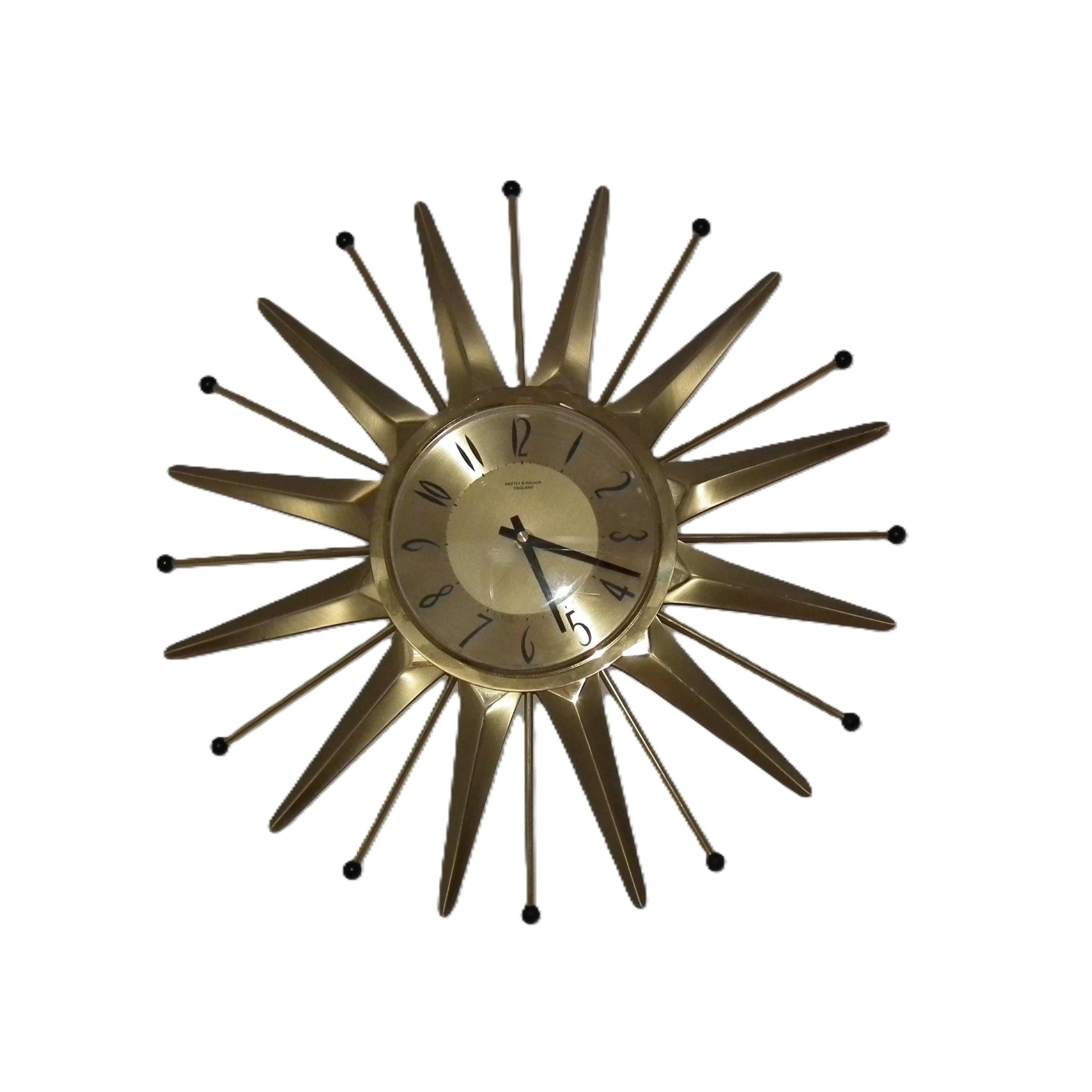 Anstey & Wilson Brass Sunburst Clock – 1960s Mid Century Modern Starburst Wall Clock