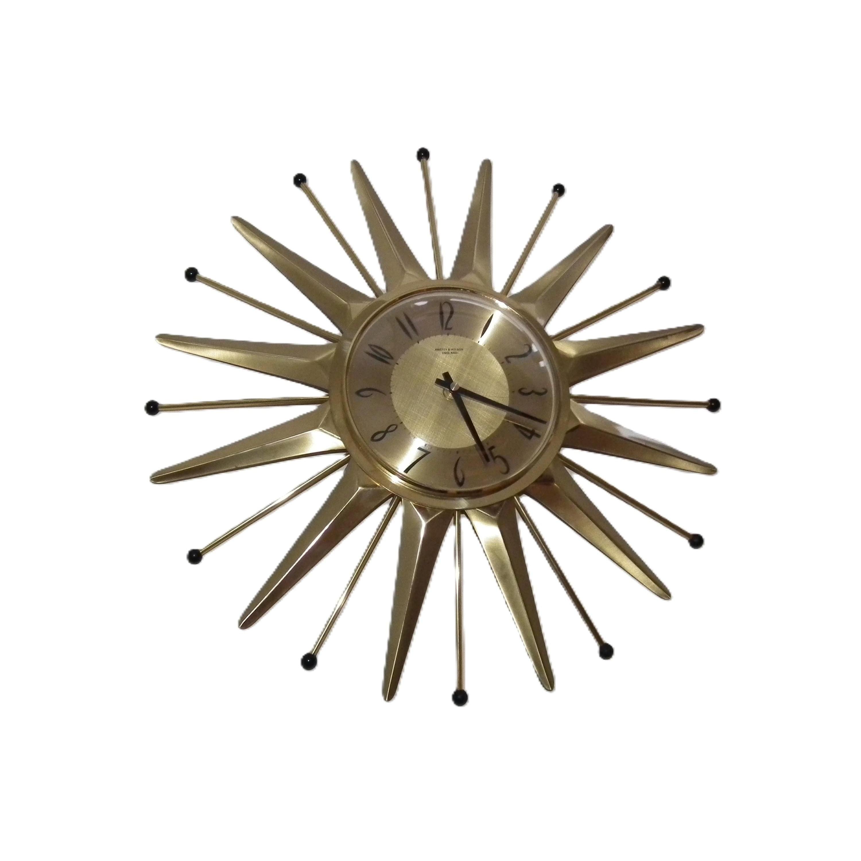 Anstey & Wilson Brass Sunburst Clock – 1960s Mid Century Modern Starburst Wall Clock