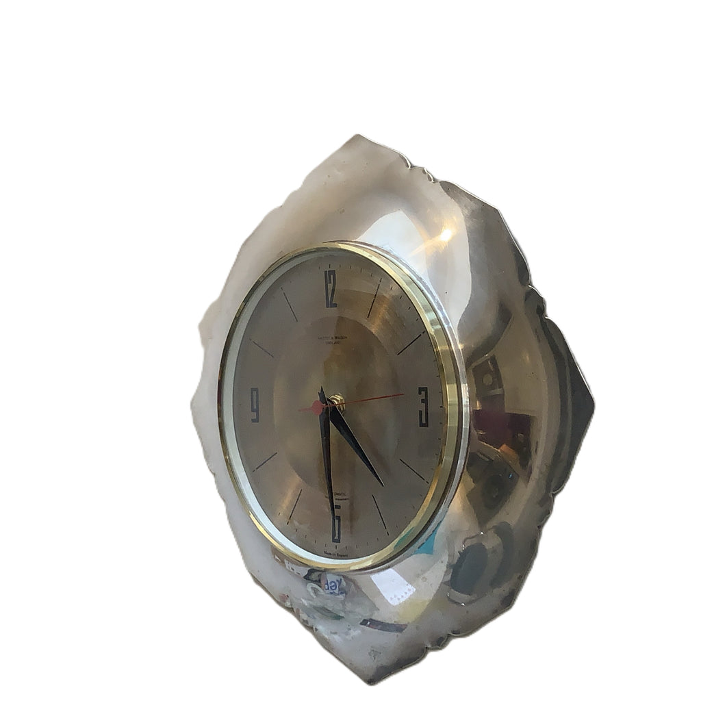 Anstey & Wilson Scalloped Chrome Wall Clock, 1960s British, Brass Bezel, New Quartz, Champagne Dial