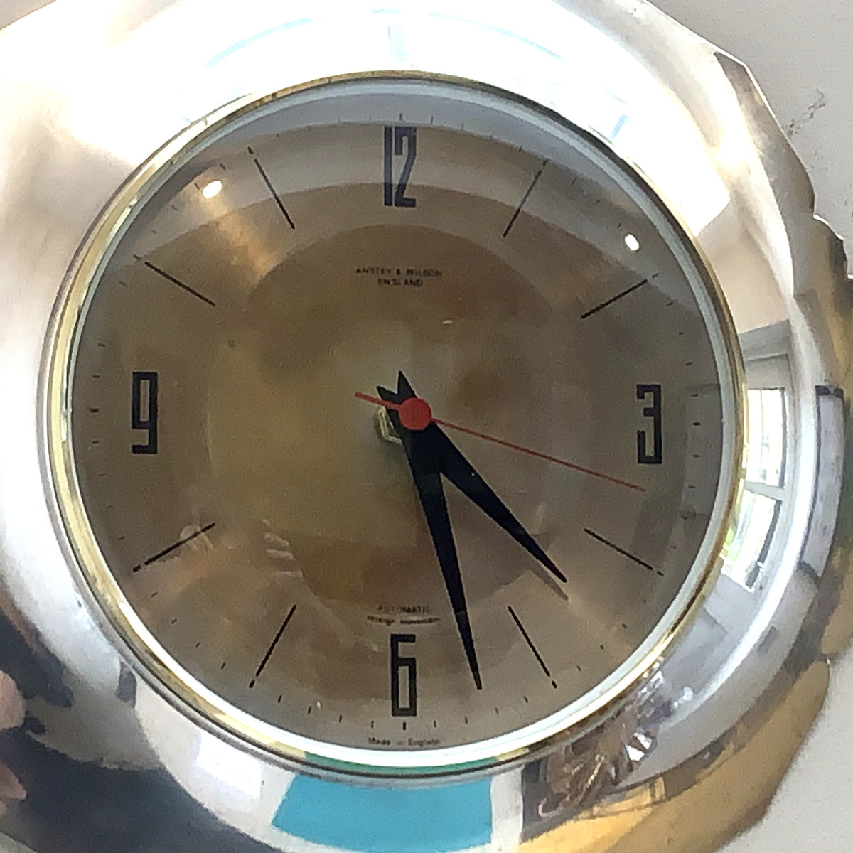 Anstey & Wilson Scalloped Chrome Wall Clock, 1960s British, Brass Bezel, New Quartz, Champagne Dial