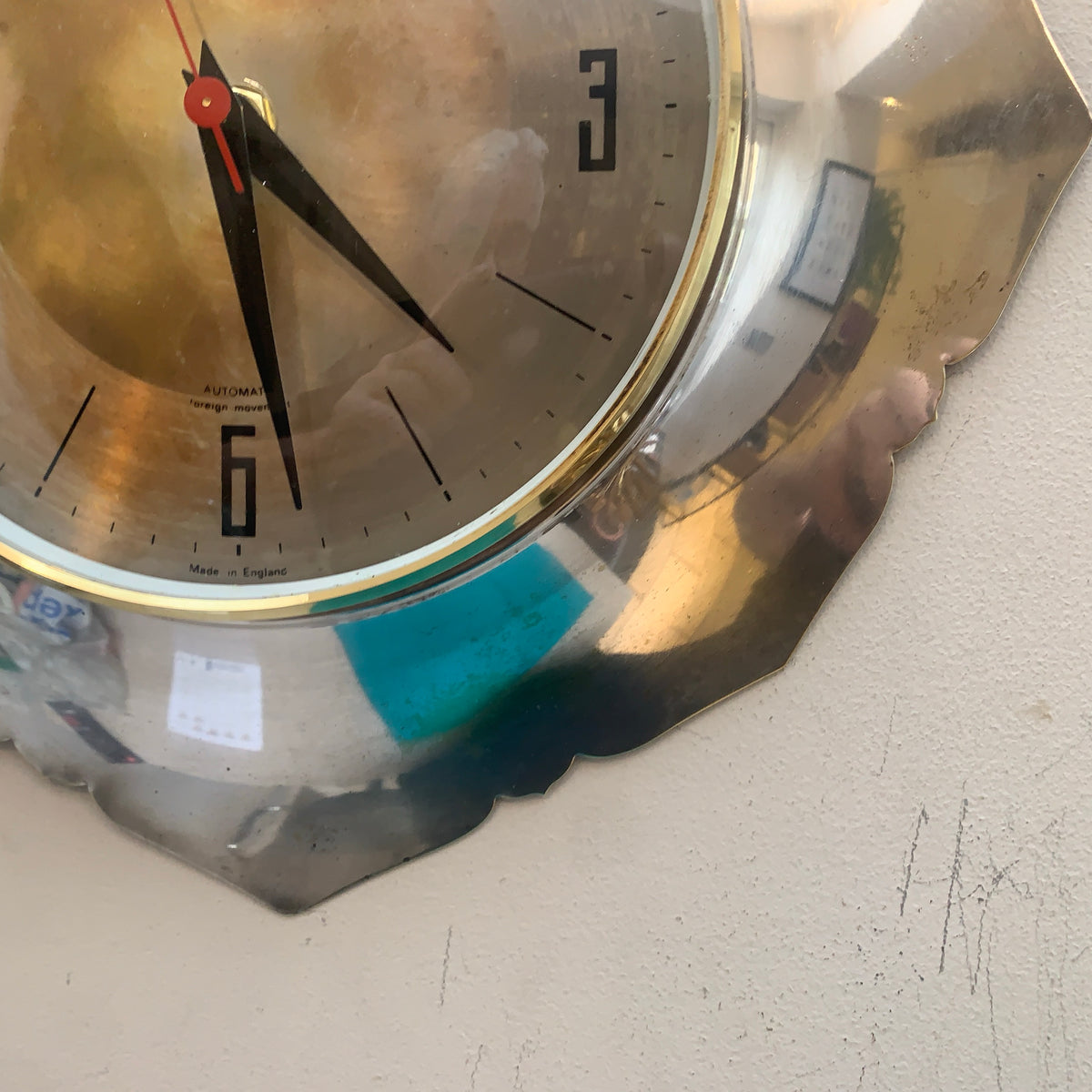Anstey & Wilson Scalloped Chrome Wall Clock, 1960s British, Brass Bezel, New Quartz, Champagne Dial
