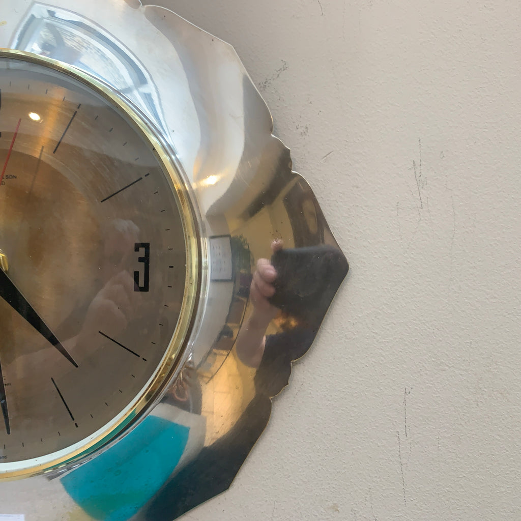 Anstey & Wilson Scalloped Chrome Wall Clock, 1960s British, Brass Bezel, New Quartz, Champagne Dial