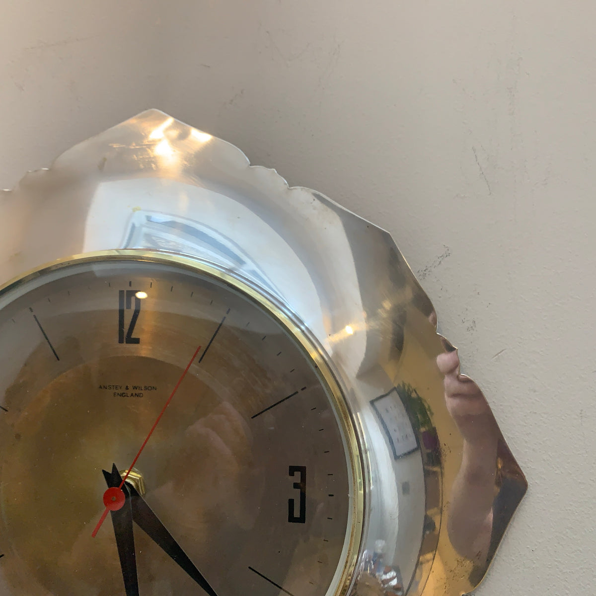 Anstey & Wilson Scalloped Chrome Wall Clock, 1960s British, Brass Bezel, New Quartz, Champagne Dial