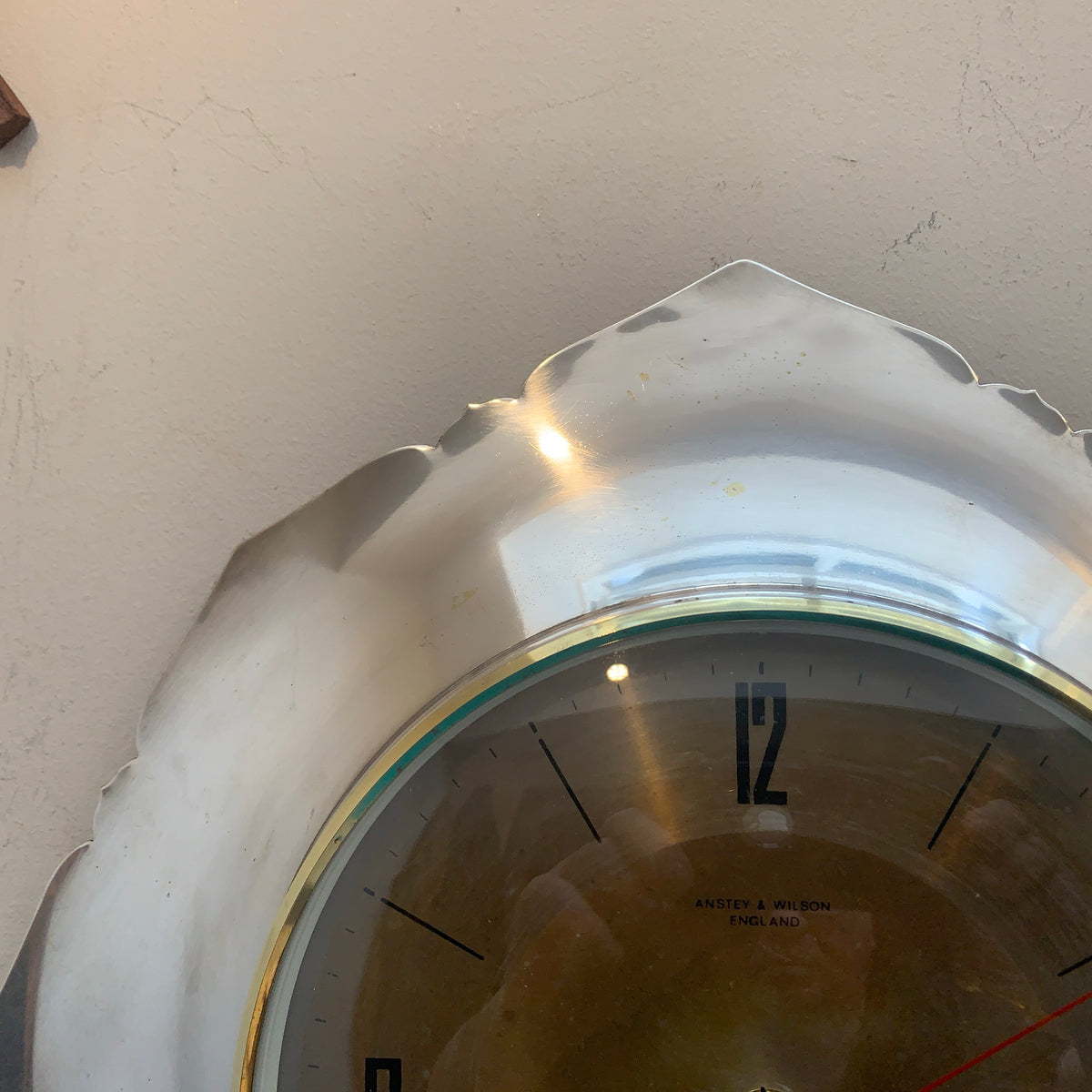 Anstey & Wilson Scalloped Chrome Wall Clock, 1960s British, Brass Bezel, New Quartz, Champagne Dial