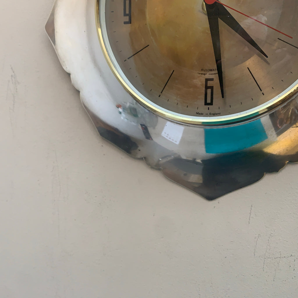 Anstey & Wilson Scalloped Chrome Wall Clock, 1960s British, Brass Bezel, New Quartz, Champagne Dial