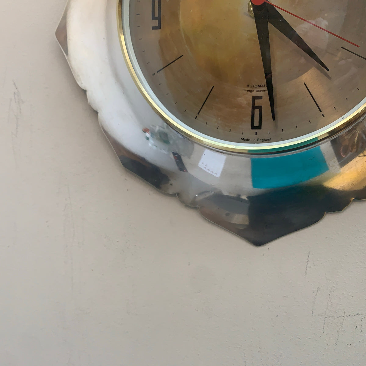 Anstey & Wilson Scalloped Chrome Wall Clock, 1960s British, Brass Bezel, New Quartz, Champagne Dial