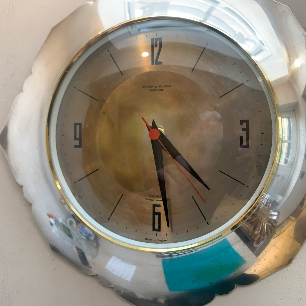 Anstey & Wilson Scalloped Chrome Wall Clock, 1960s British, Brass Bezel, New Quartz, Champagne Dial