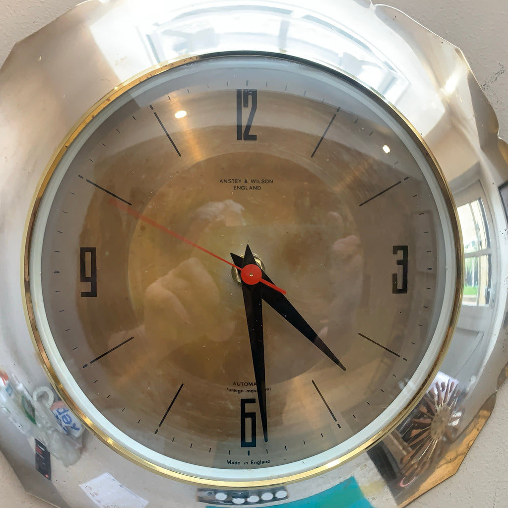 Anstey & Wilson Scalloped Chrome Wall Clock, 1960s British, Brass Bezel, New Quartz, Champagne Dial
