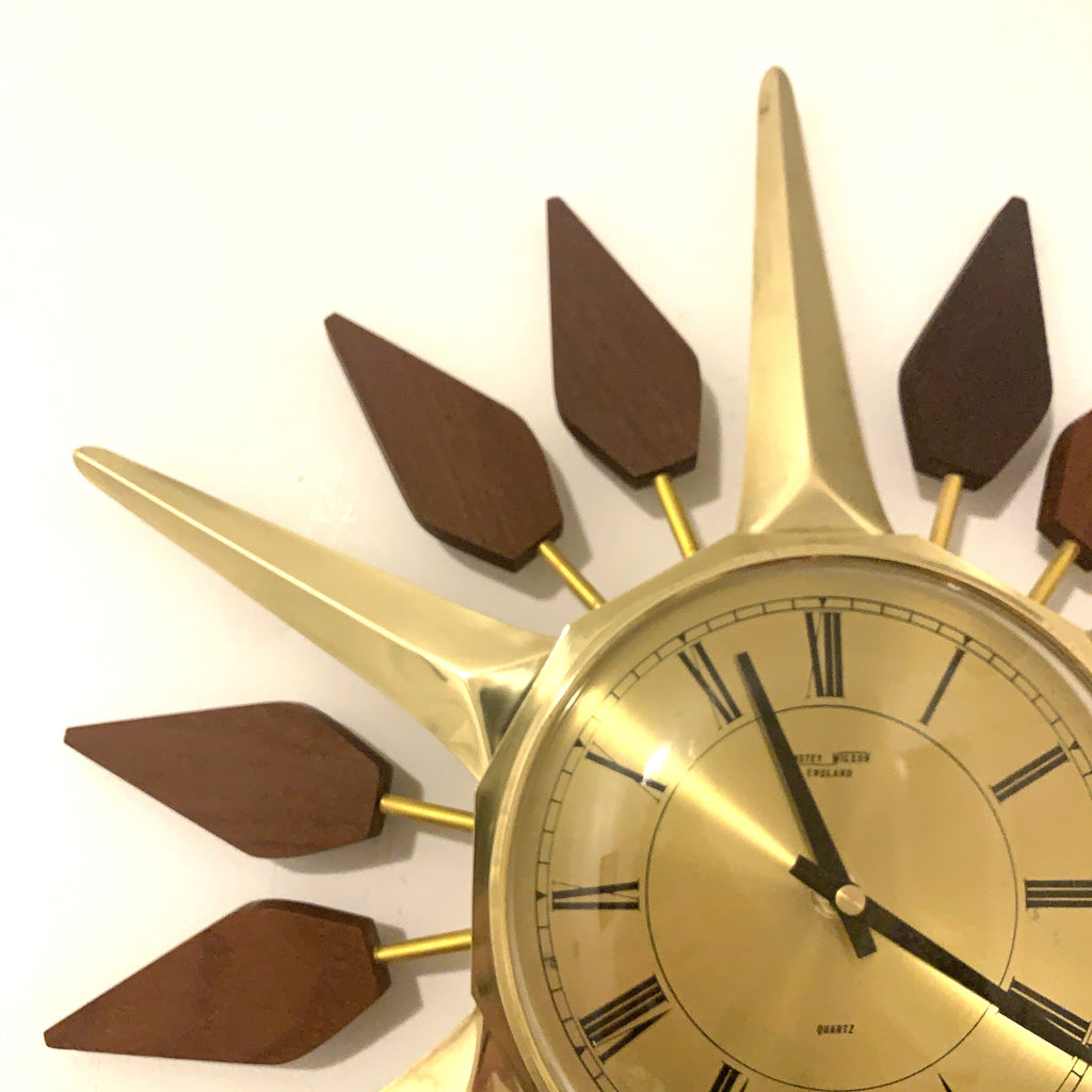 Anstey and Wilson Starburst Wall Clock – 1960s Brass Burmese Teak Fully Restored England 19 Inch