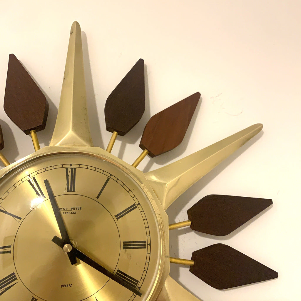 Anstey and Wilson Starburst Wall Clock – 1960s Brass Burmese Teak Fully Restored England 19 Inch