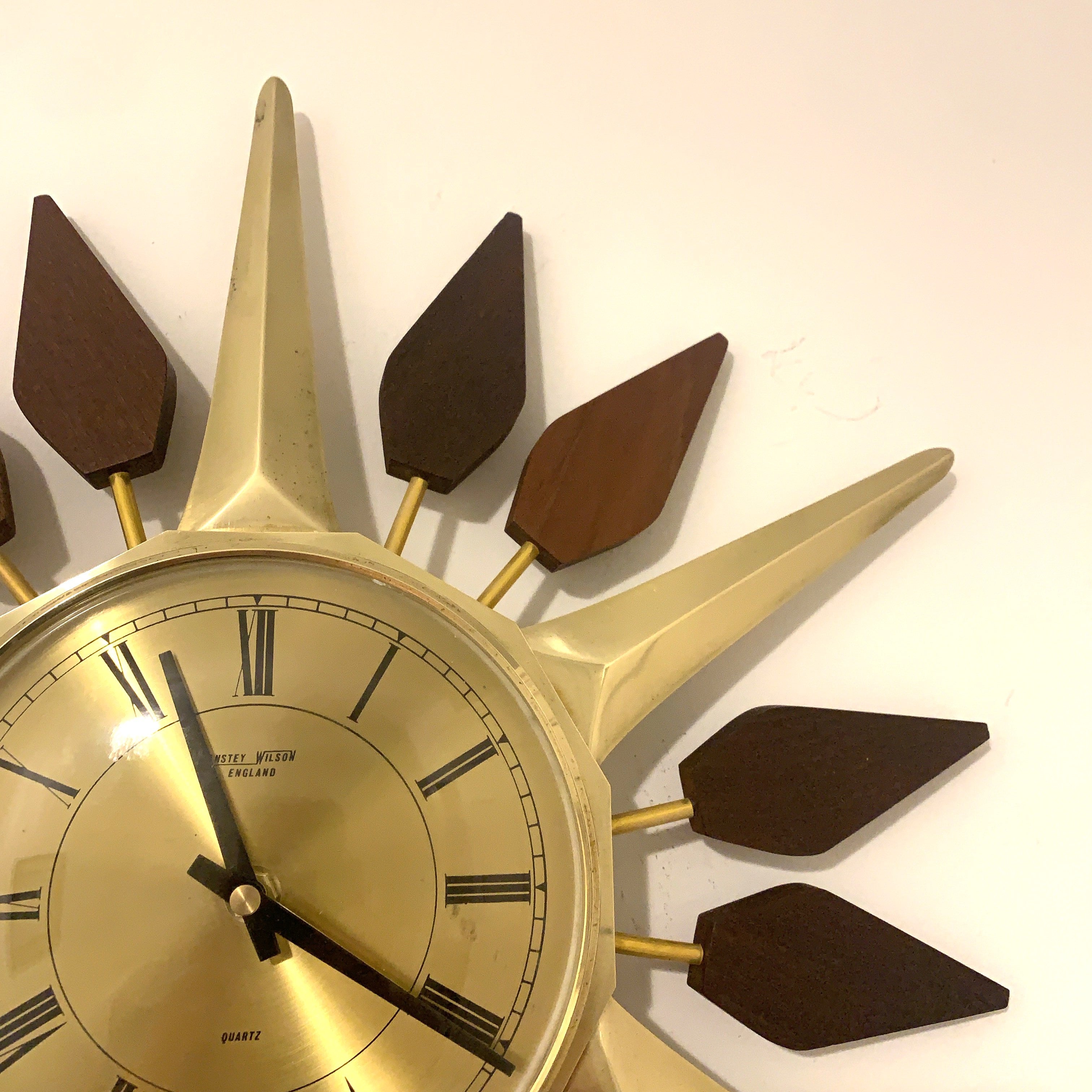 Anstey and Wilson Starburst Wall Clock – 1960s Brass Burmese Teak Fully Restored England 19 Inch