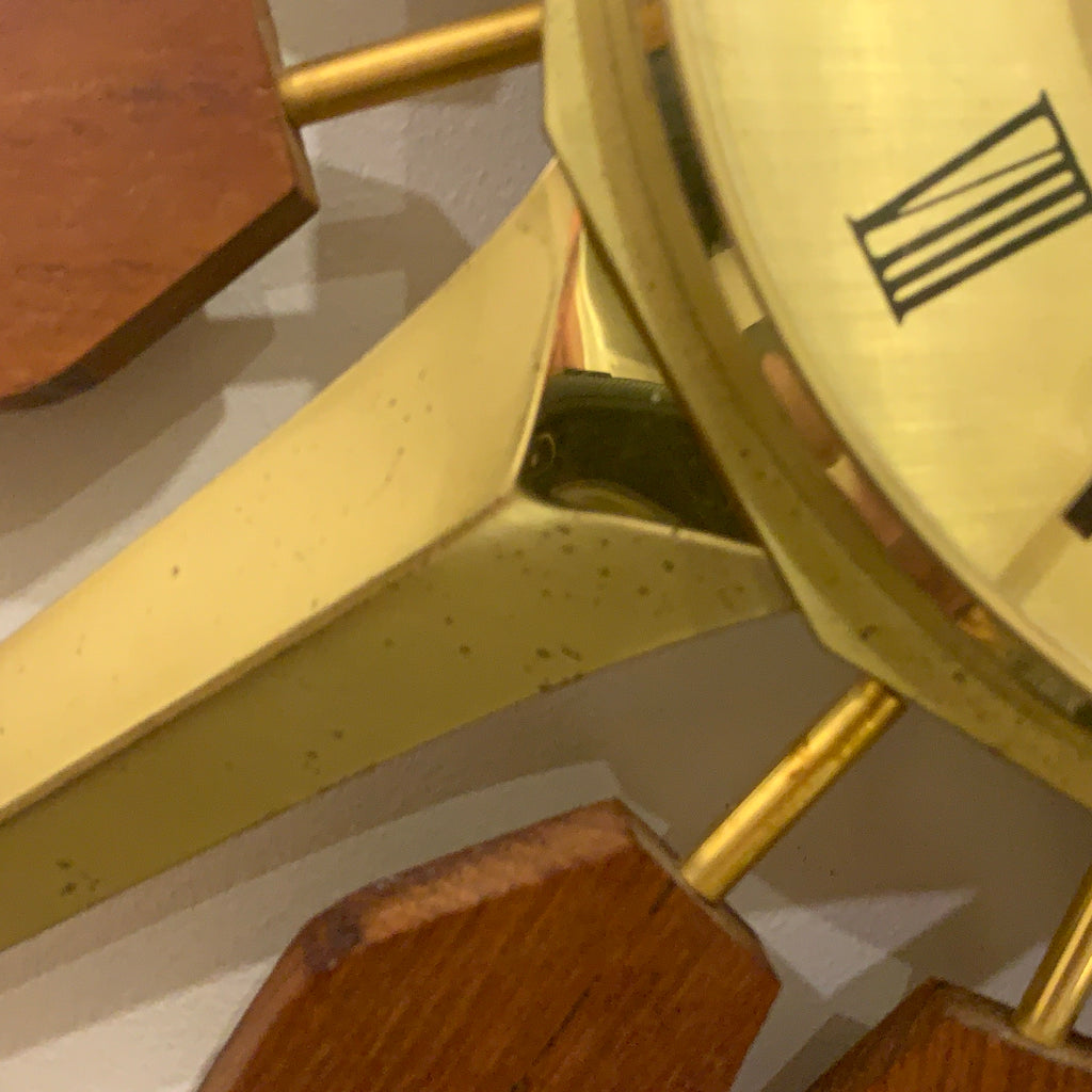 Anstey and Wilson Starburst Wall Clock – 1960s Brass Burmese Teak Fully Restored England 19 Inch