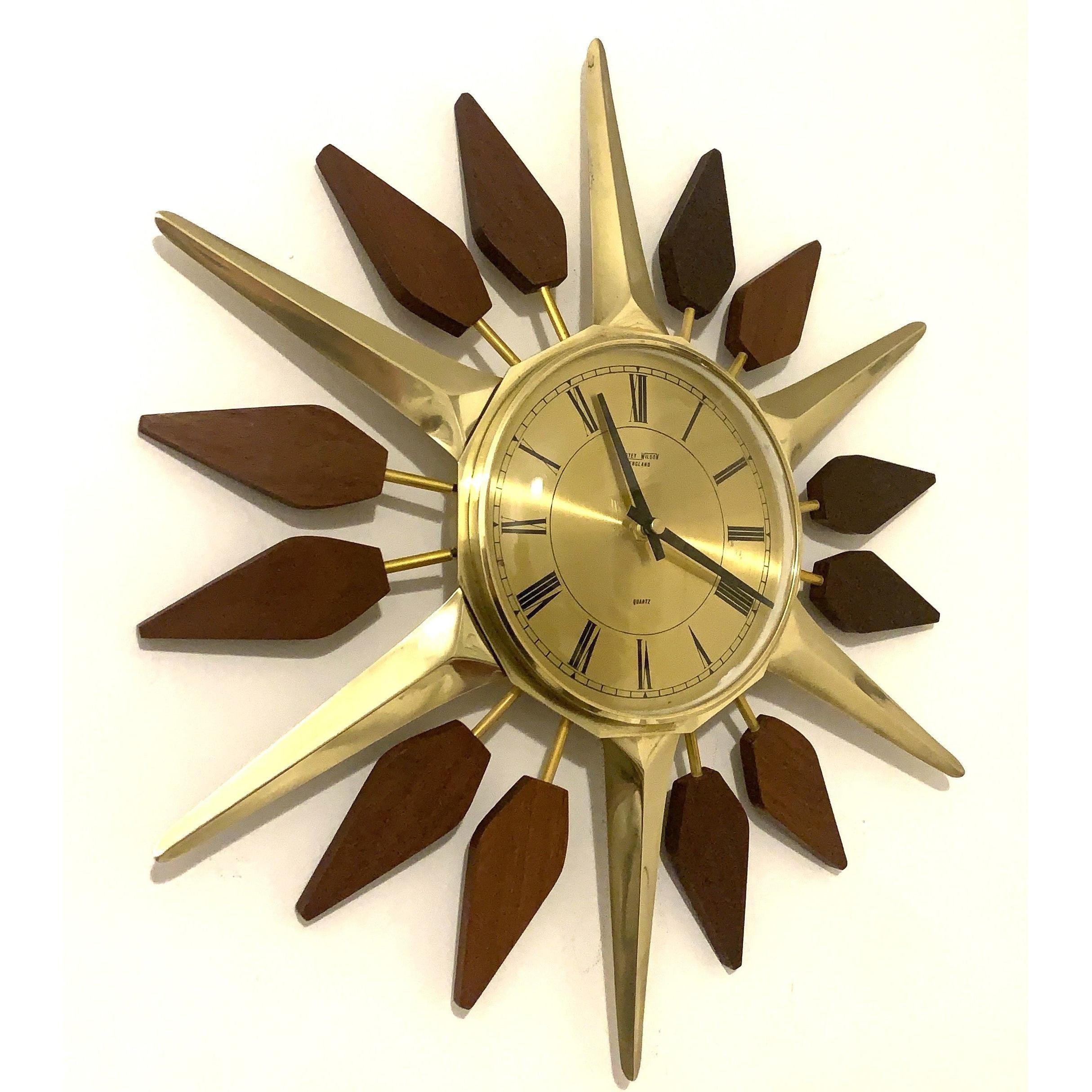 Anstey and Wilson Starburst Wall Clock – 1960s Brass Burmese Teak Fully Restored England 19 Inch