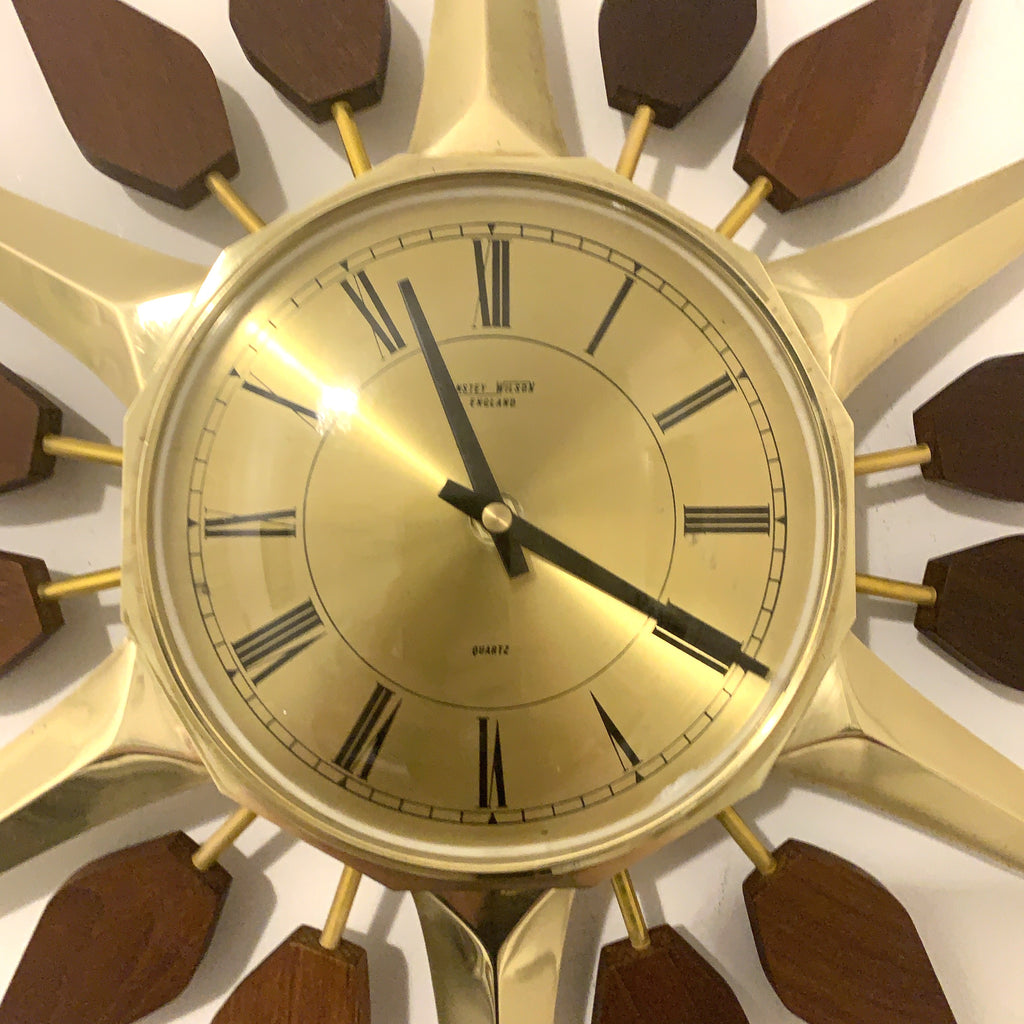 Anstey and Wilson Starburst Wall Clock – 1960s Brass Burmese Teak Fully Restored England 19 Inch