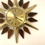 Anstey and Wilson Starburst Wall Clock – 1960s Brass Burmese Teak Fully Restored England 19 Inch