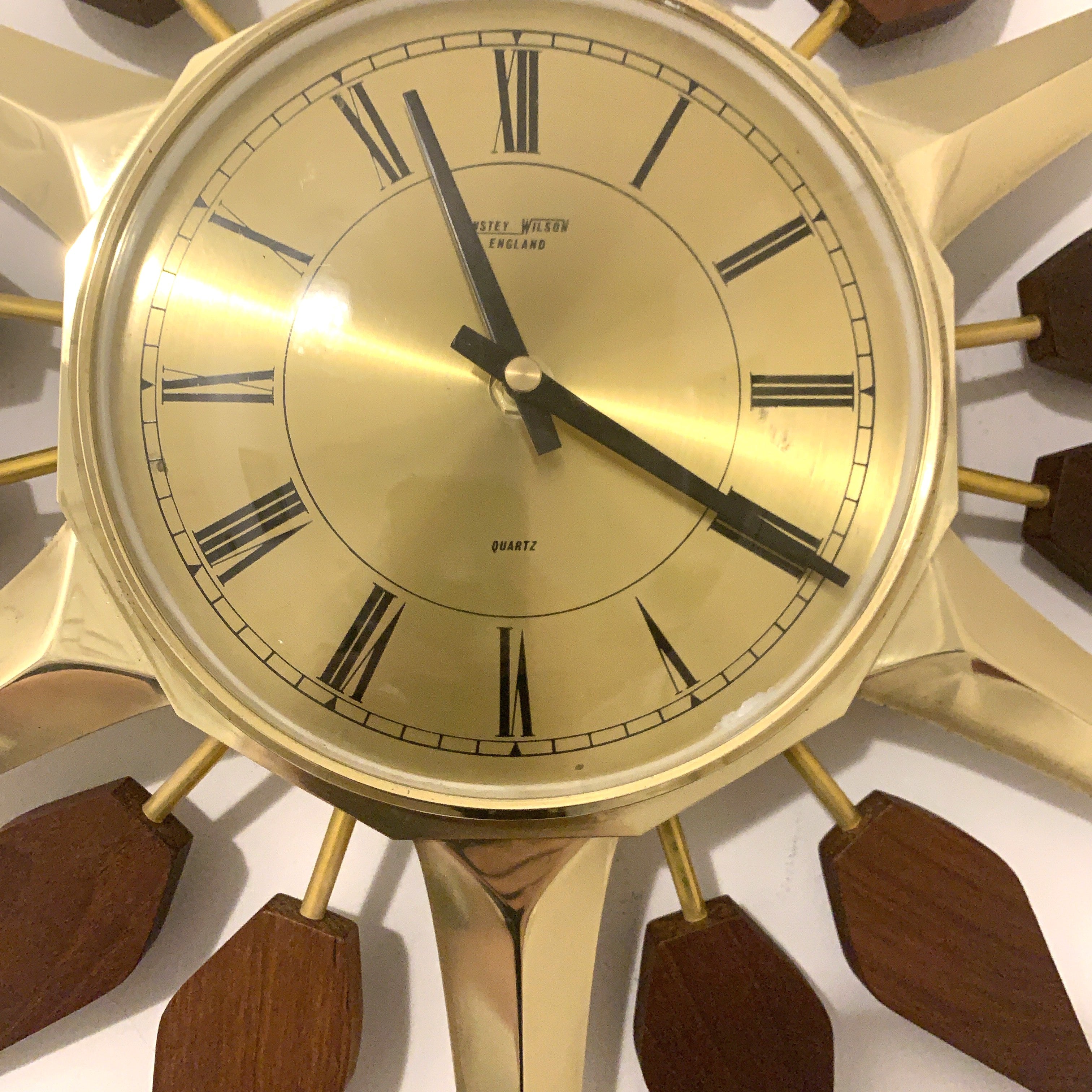 Anstey and Wilson Starburst Wall Clock – 1960s Brass Burmese Teak Fully Restored England 19 Inch