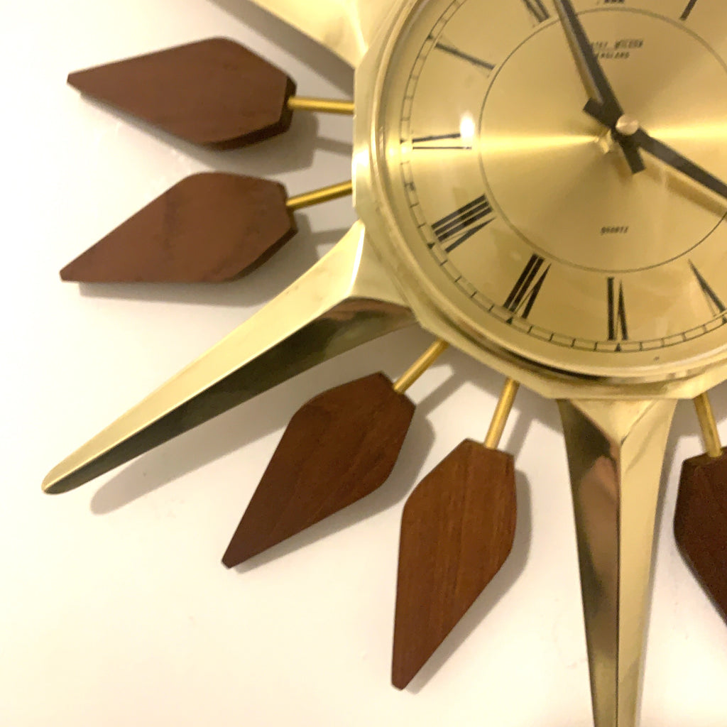 Anstey and Wilson Starburst Wall Clock – 1960s Brass Burmese Teak Fully Restored England 19 Inch