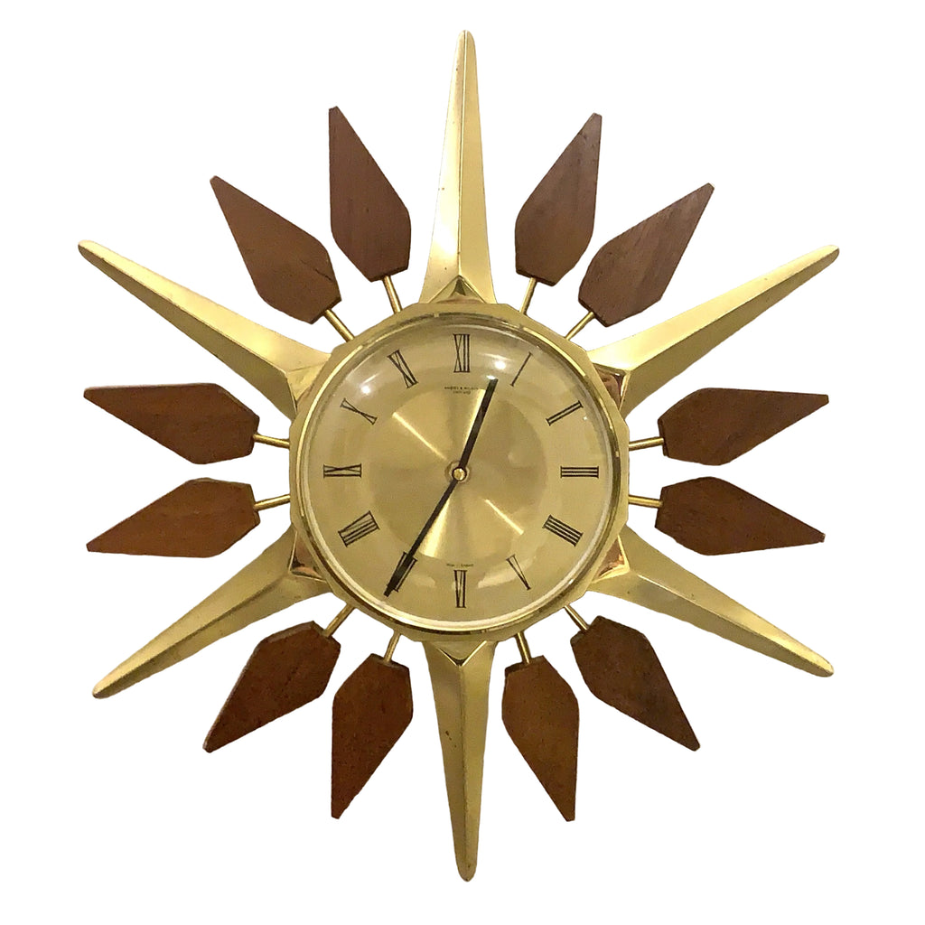 Anstey and Wilson Starburst Wall Clock – 1960s Brass Burmese Teak Fully Restored England 19 Inch
