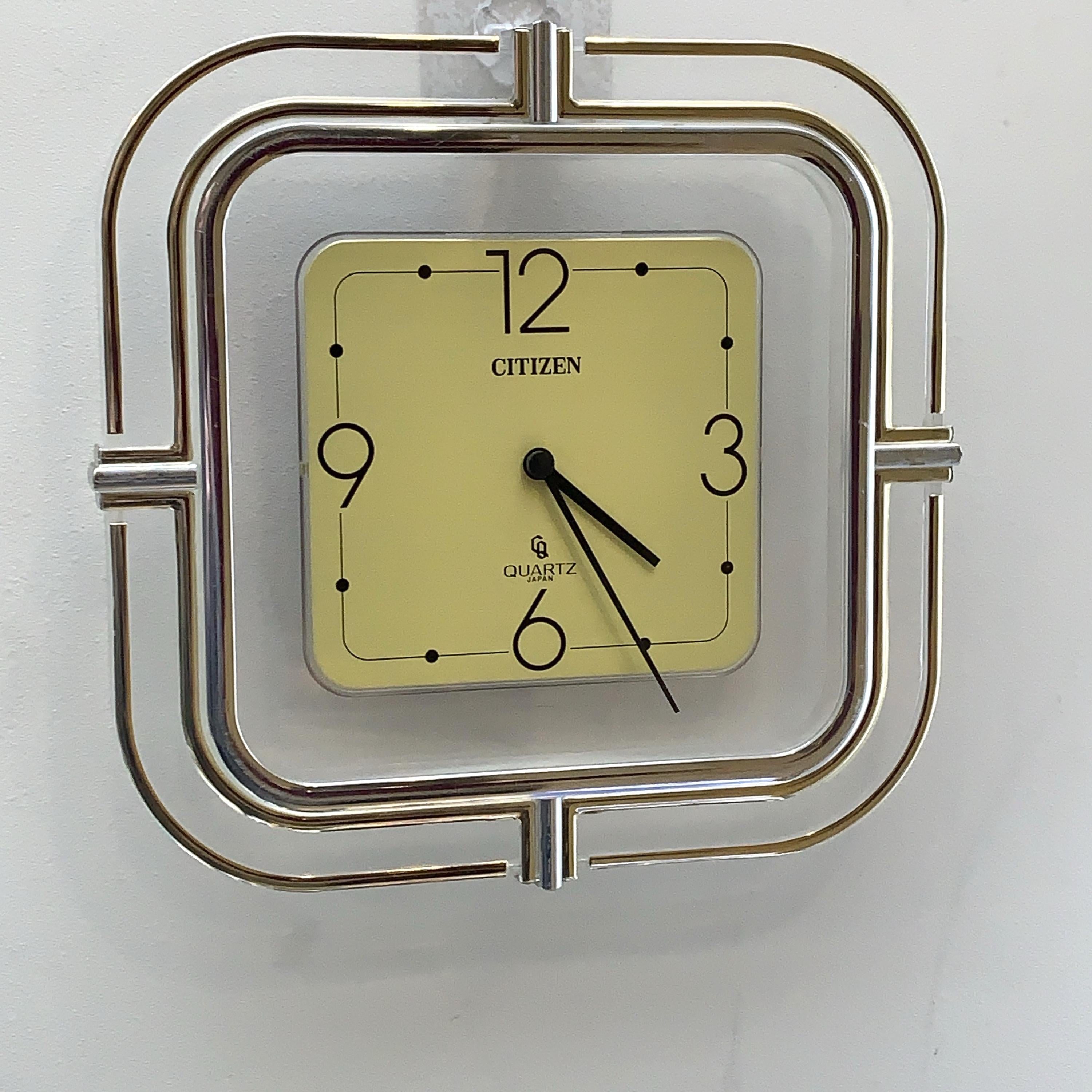 Citizen Quartz Japan Square Wall Clock – 1970s Acrylic Chrome Frame, Restored