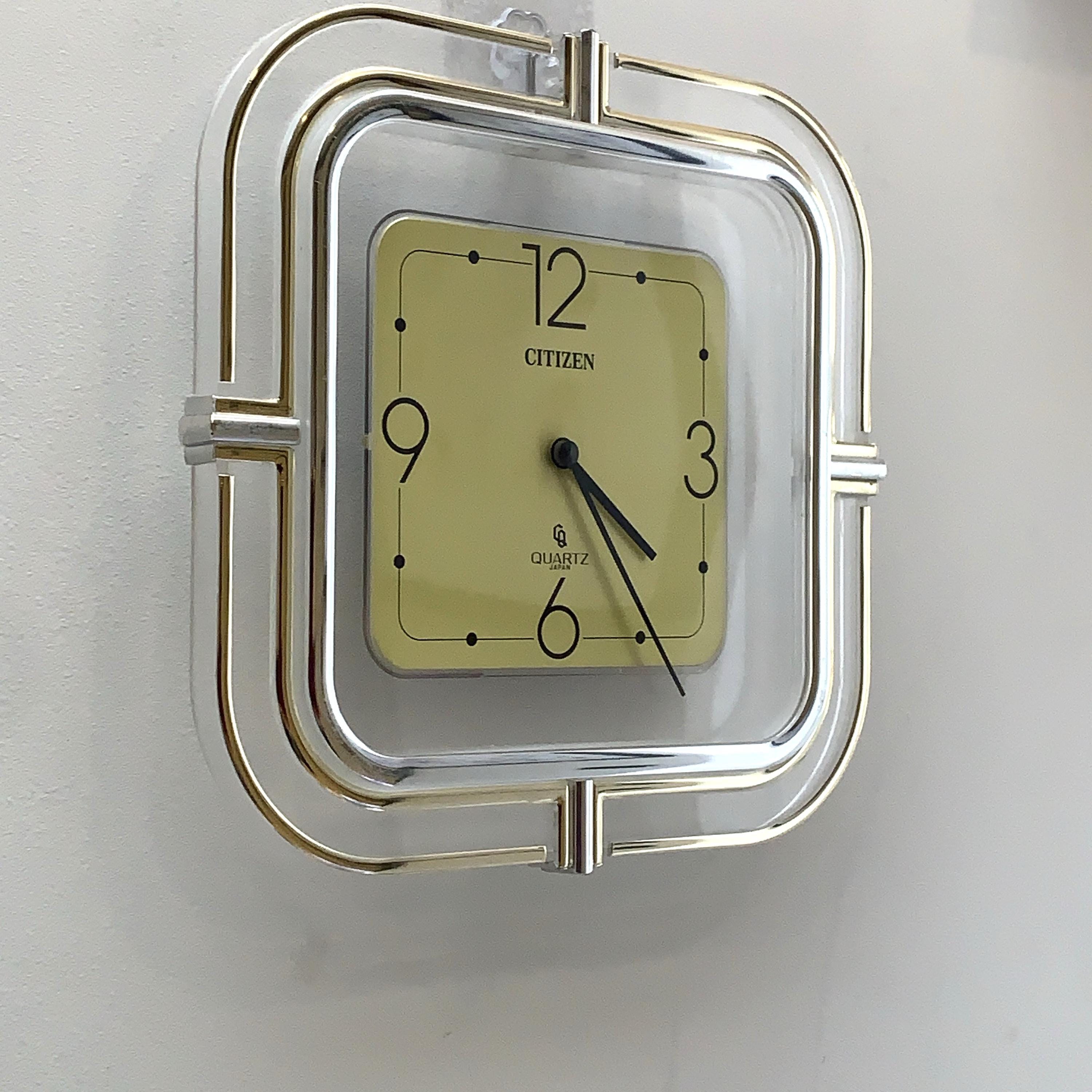 Citizen Quartz Japan Square Wall Clock – 1970s Acrylic Chrome Frame, Restored