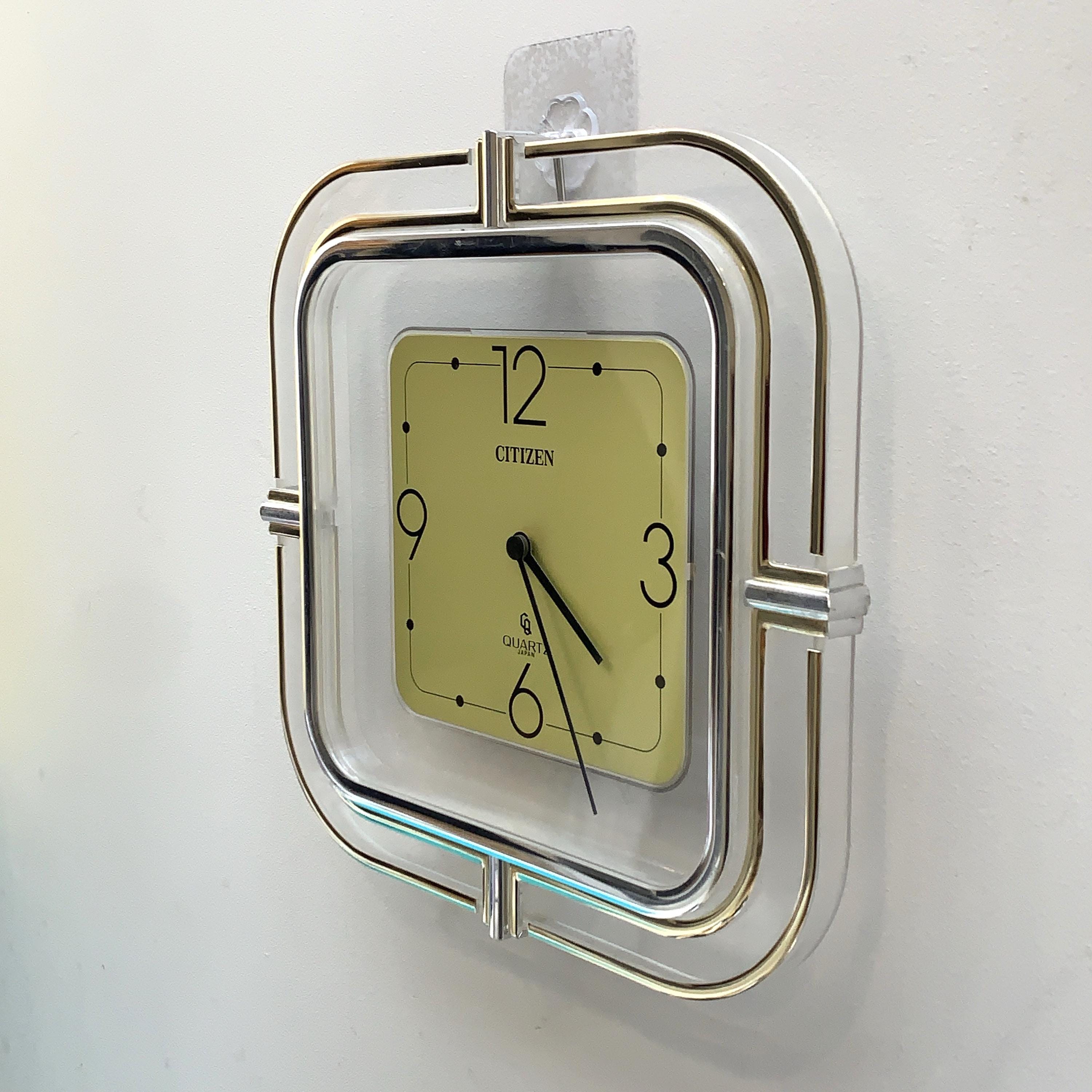 Citizen Quartz Japan Square Wall Clock – 1970s Acrylic Chrome Frame, Restored