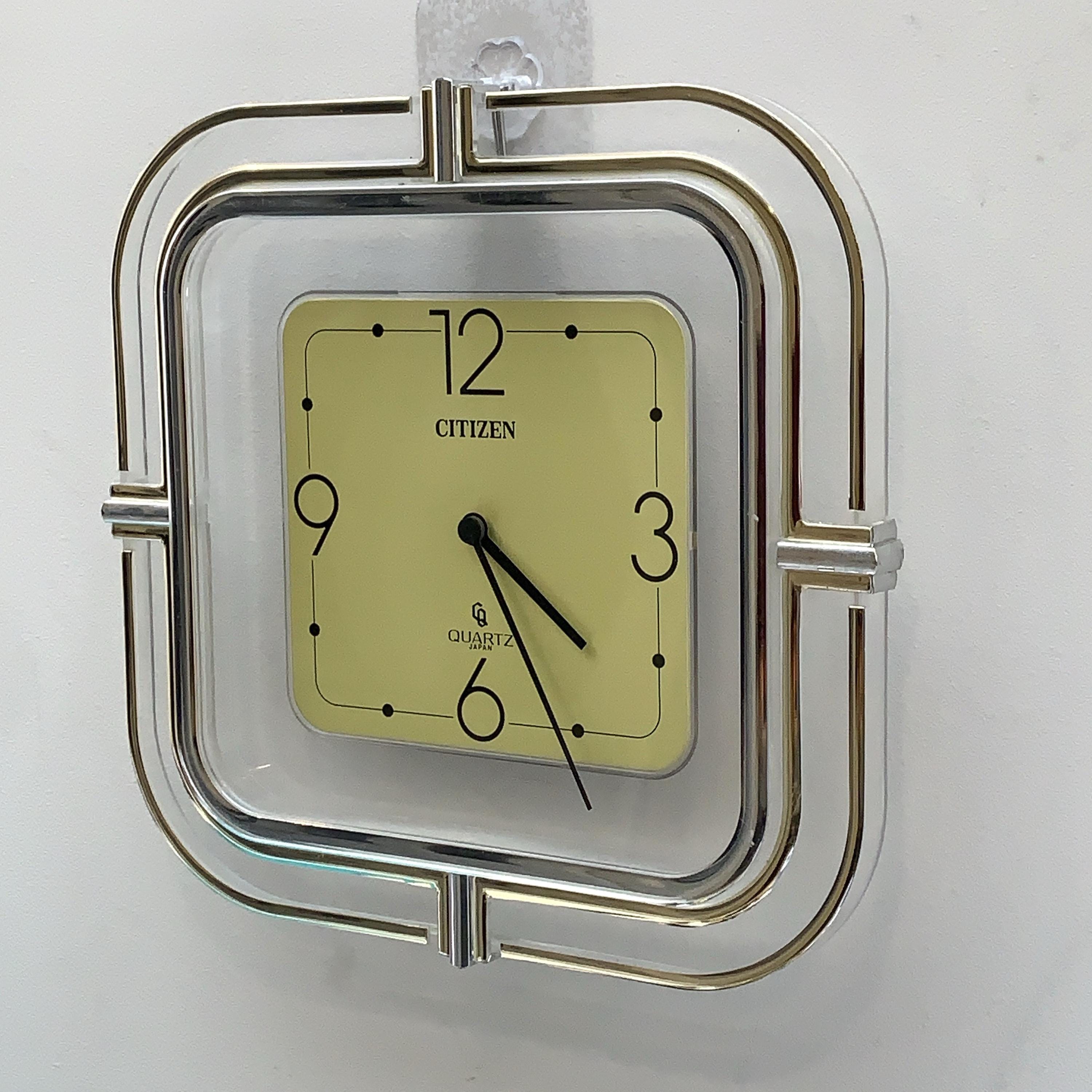Citizen Quartz Japan Square Wall Clock – 1970s Acrylic Chrome Frame, Restored