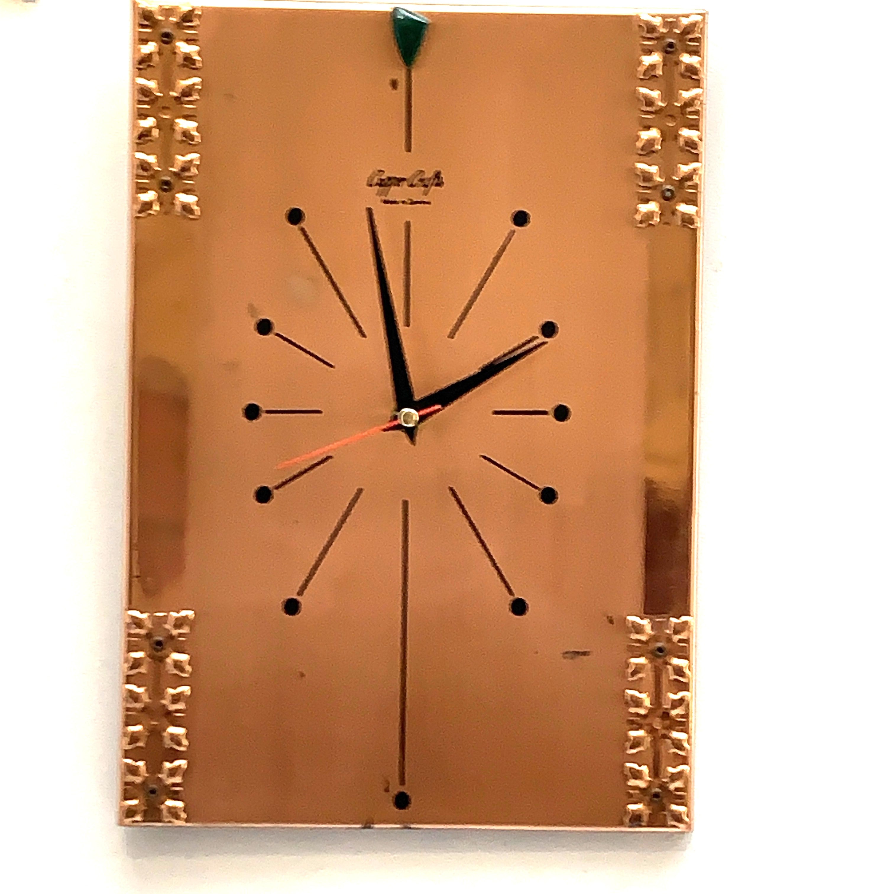 Copper Crafts Zambia Starburst Wall Clock — Malachite Marker, Vintage 1960s