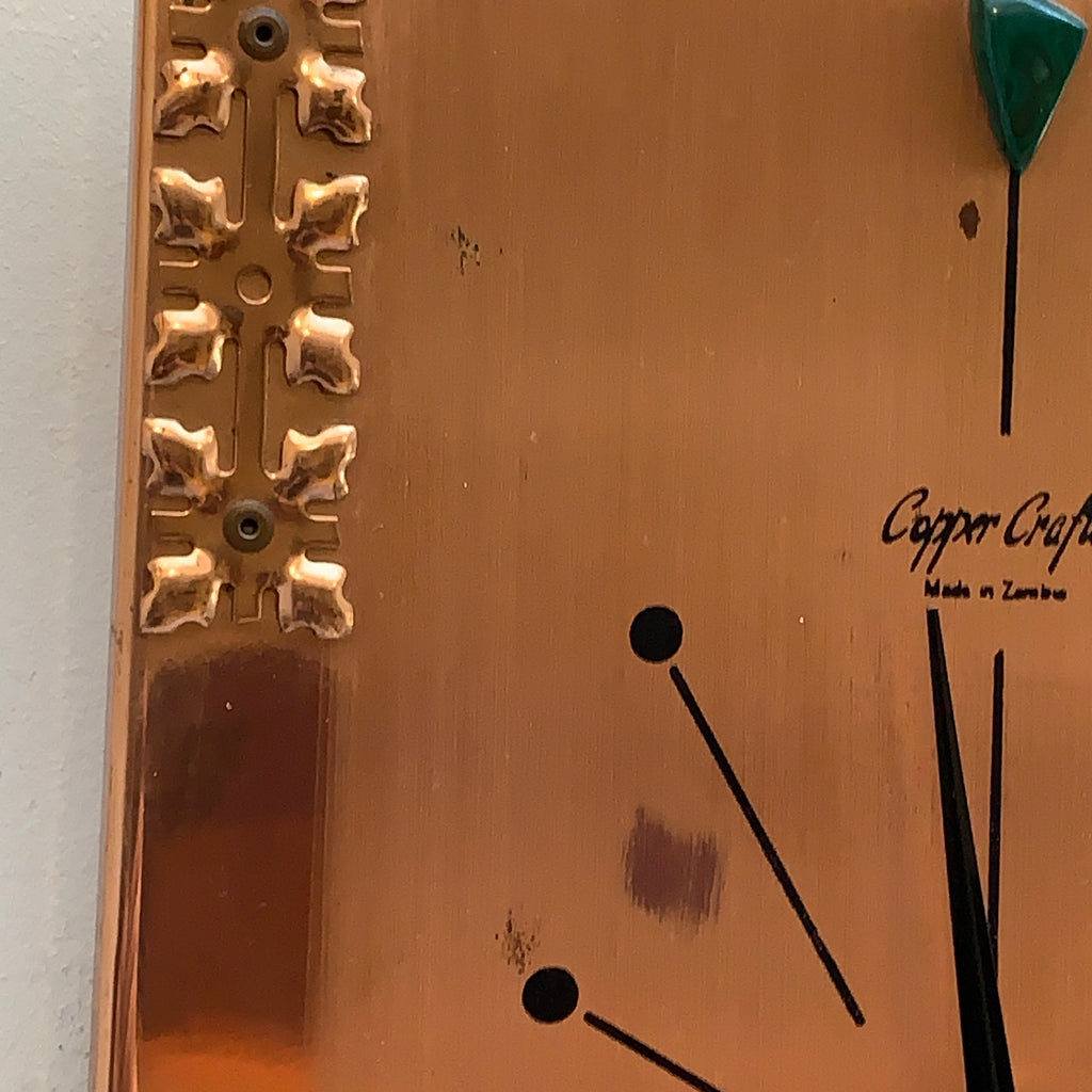 Copper Crafts Zambia Starburst Wall Clock — Malachite Marker, Vintage 1960s