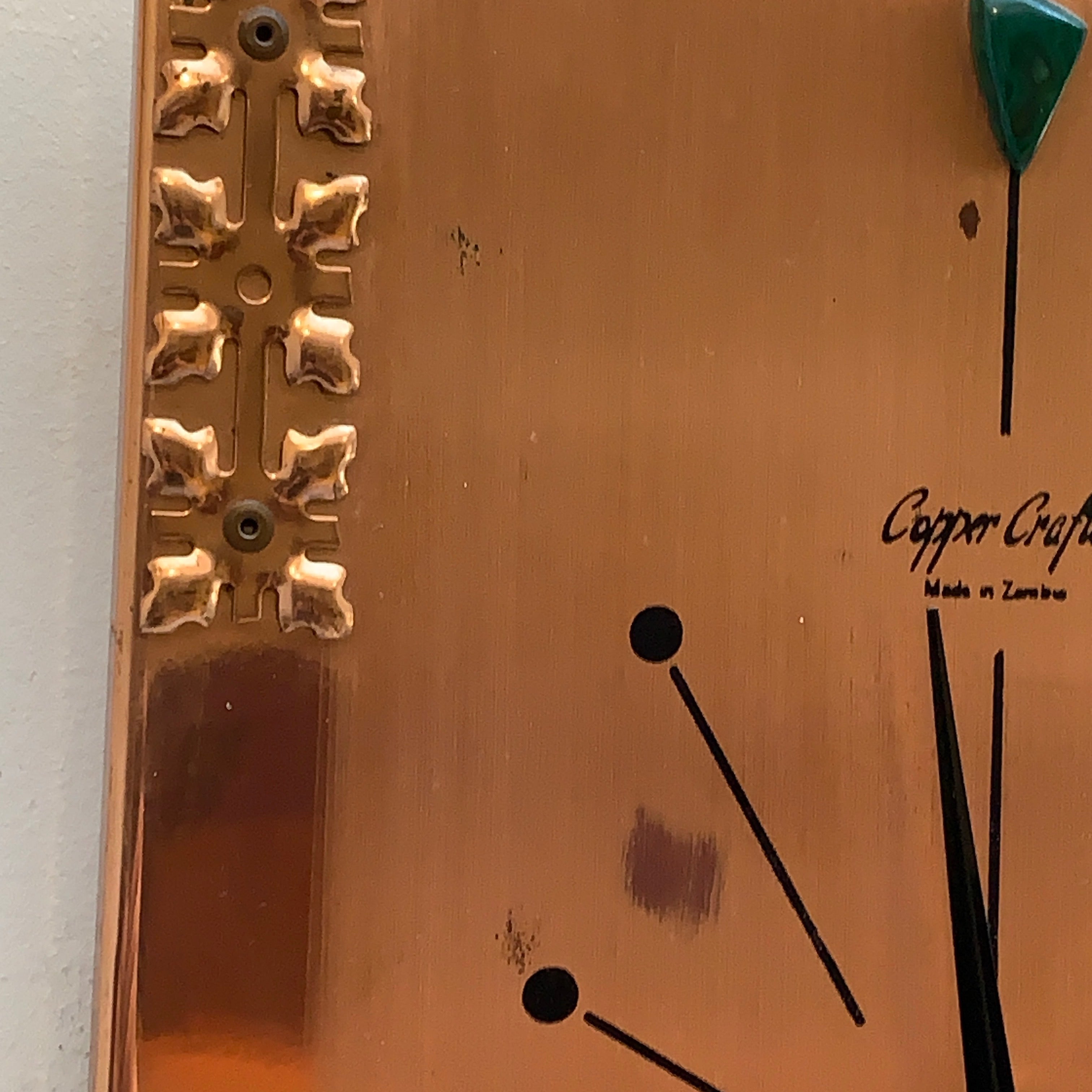 Copper Crafts Zambia Starburst Wall Clock — Malachite Marker, Vintage 1960s