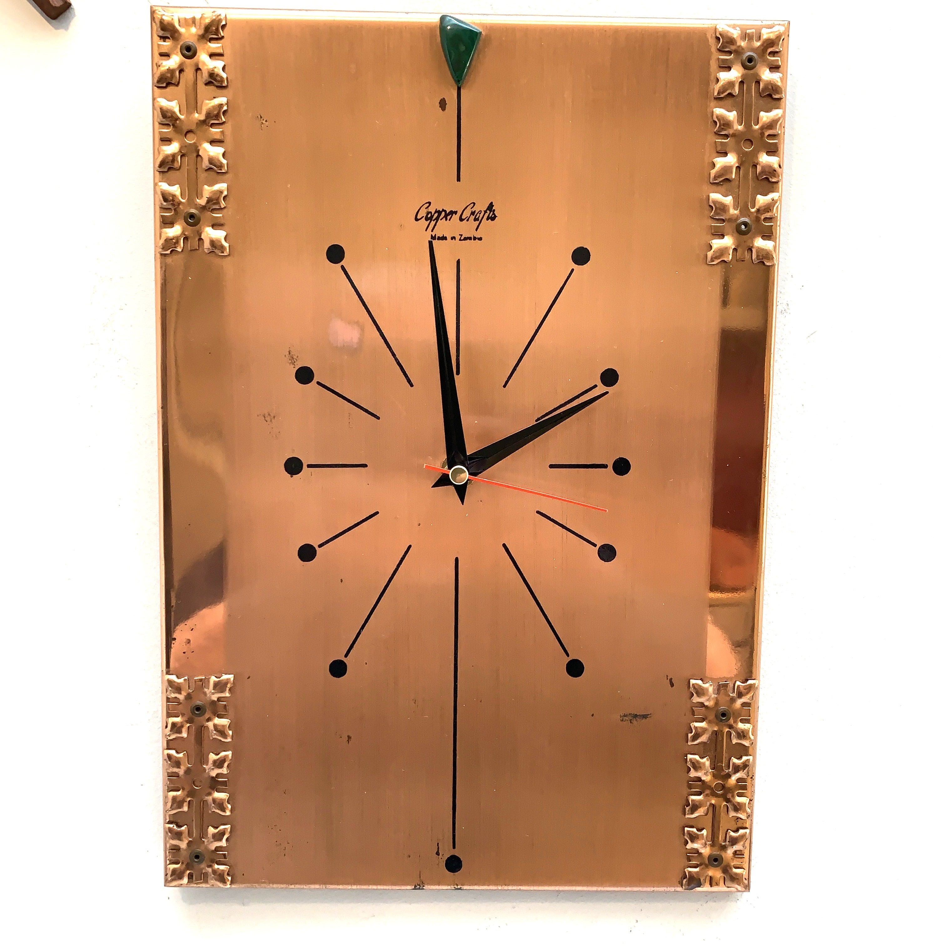 Copper Crafts Zambia Starburst Wall Clock — Malachite Marker, Vintage 1960s