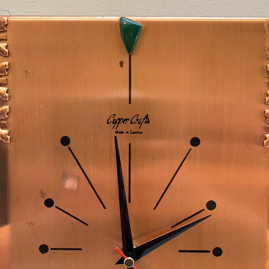 Copper Crafts Zambia Starburst Wall Clock — Malachite Marker, Vintage 1960s
