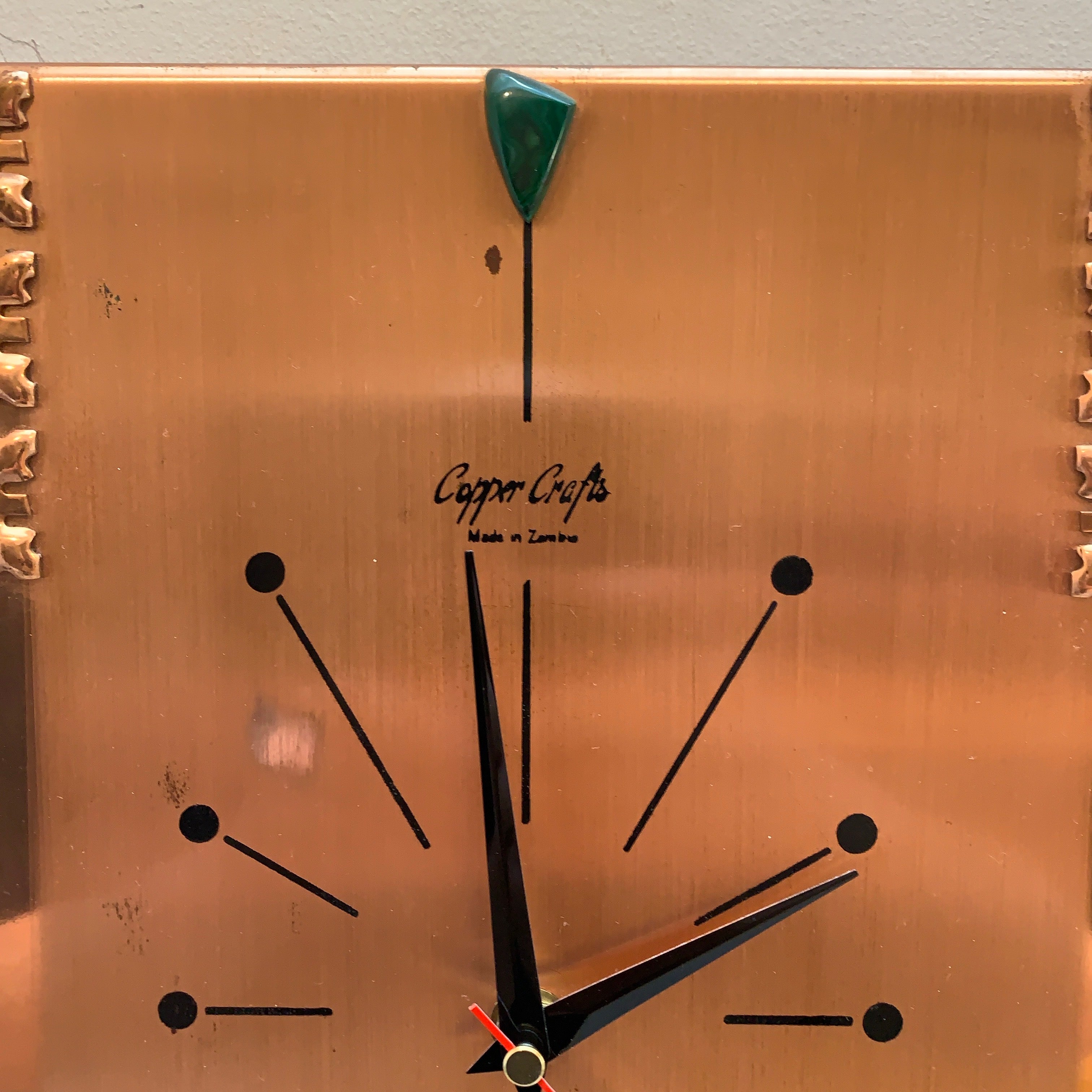 Copper Crafts Zambia Starburst Wall Clock — Malachite Marker, Vintage 1960s
