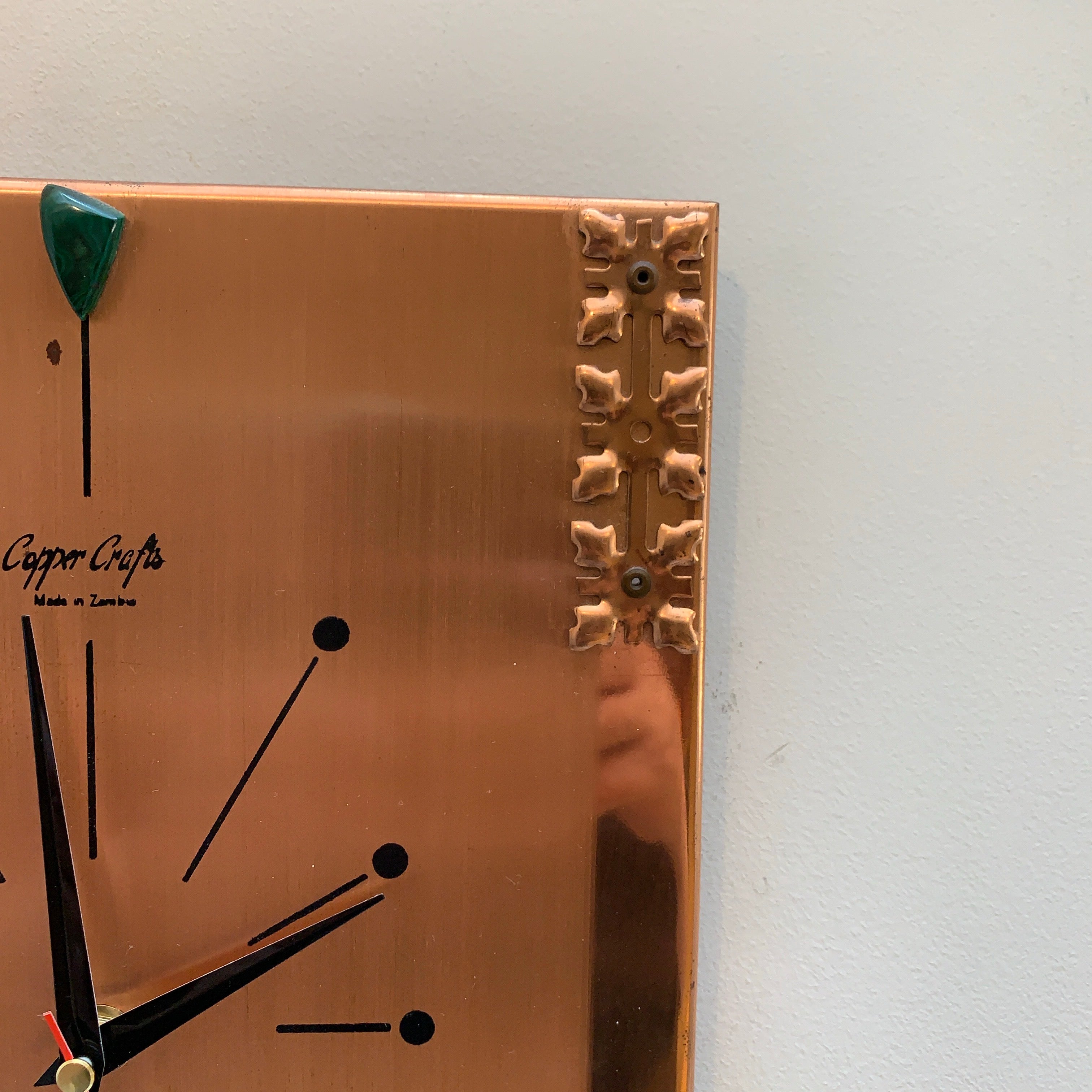 Copper Crafts Zambia Starburst Wall Clock — Malachite Marker, Vintage 1960s