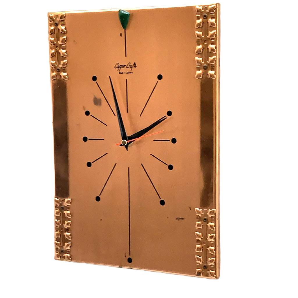 Copper Crafts Zambia Starburst Wall Clock — Malachite Marker, Vintage 1960s