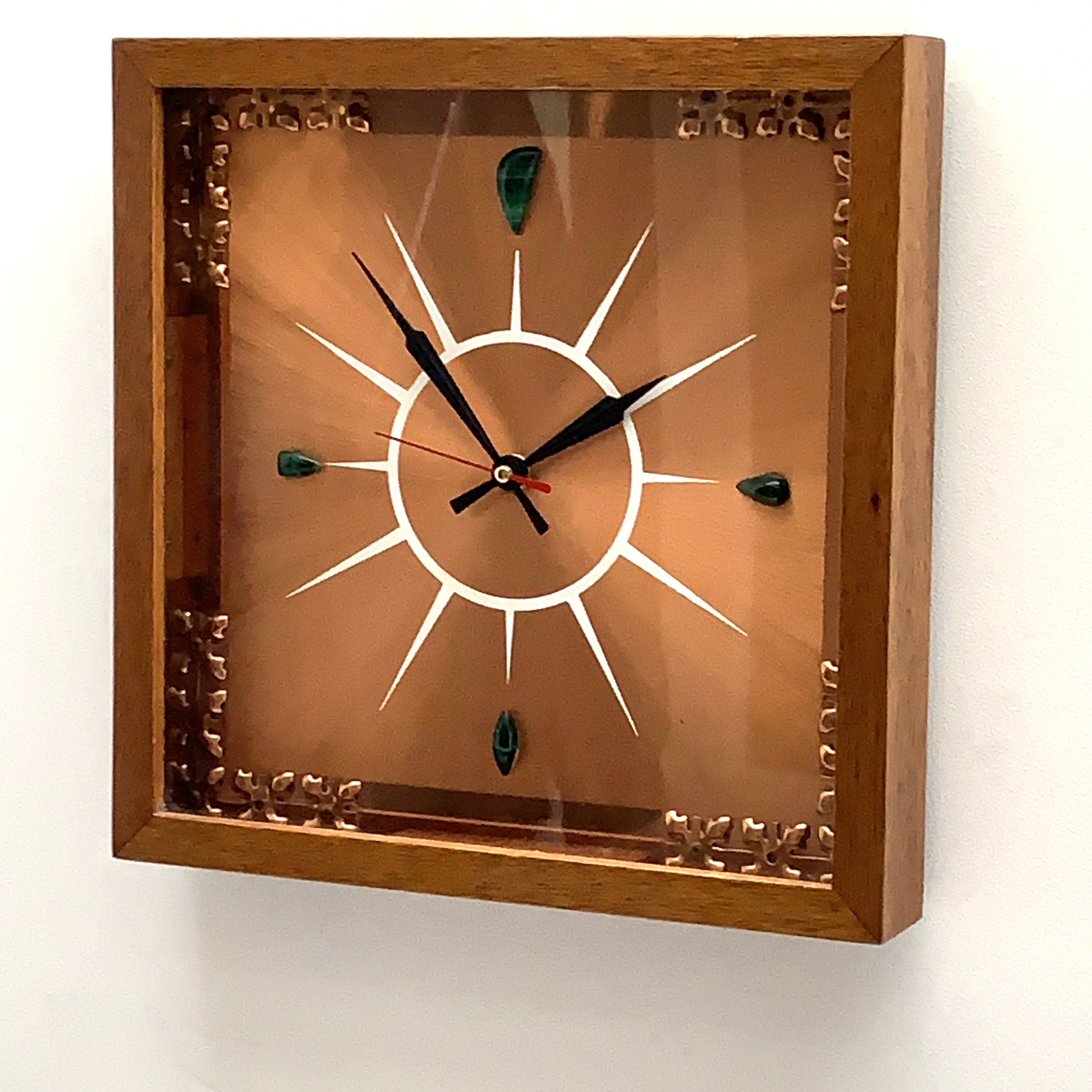 Copper Crafts Zambia Starburst Wall Clock Oak Frame Malachite Markers Vintage 1960s