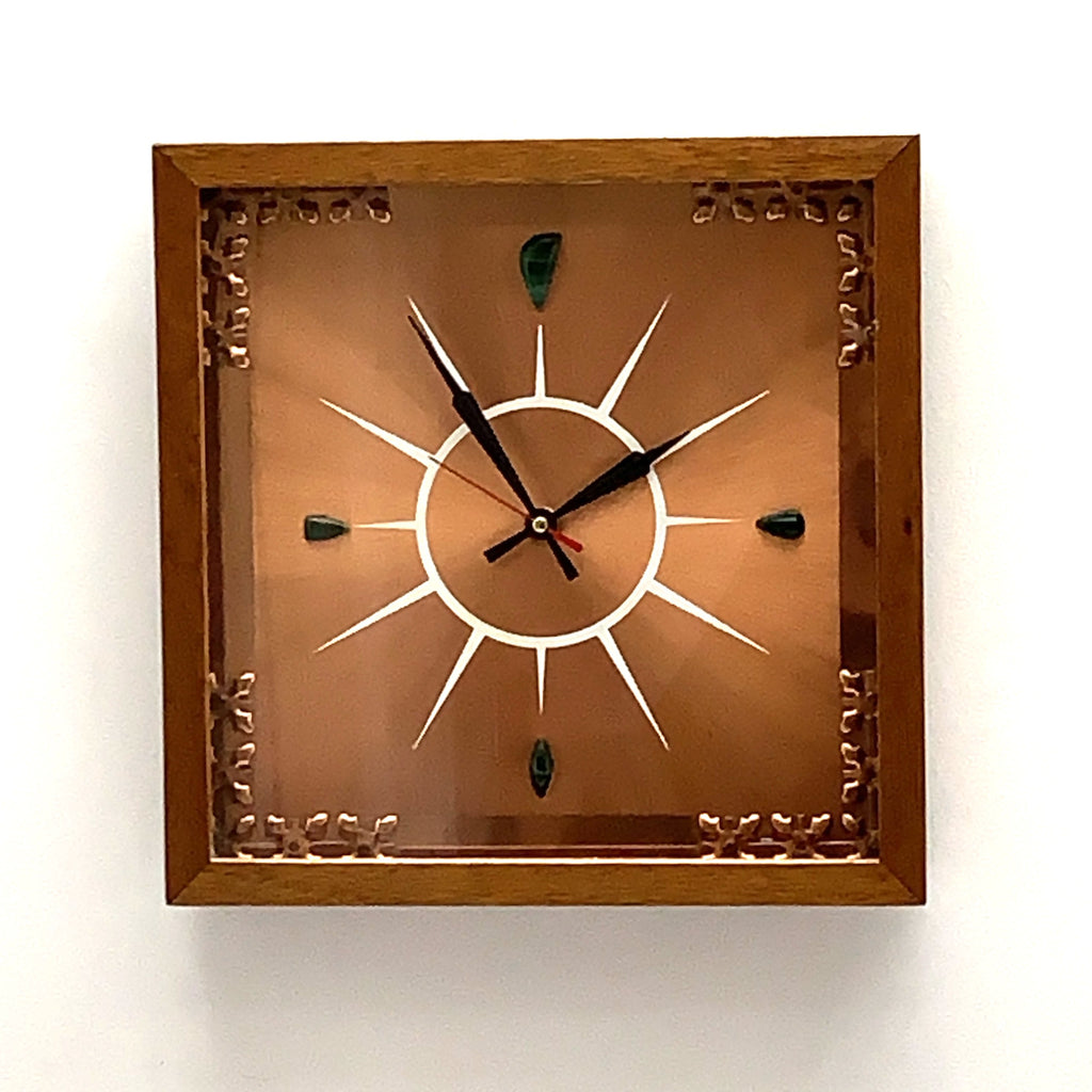Copper Crafts Zambia Starburst Wall Clock Oak Frame Malachite Markers Vintage 1960s