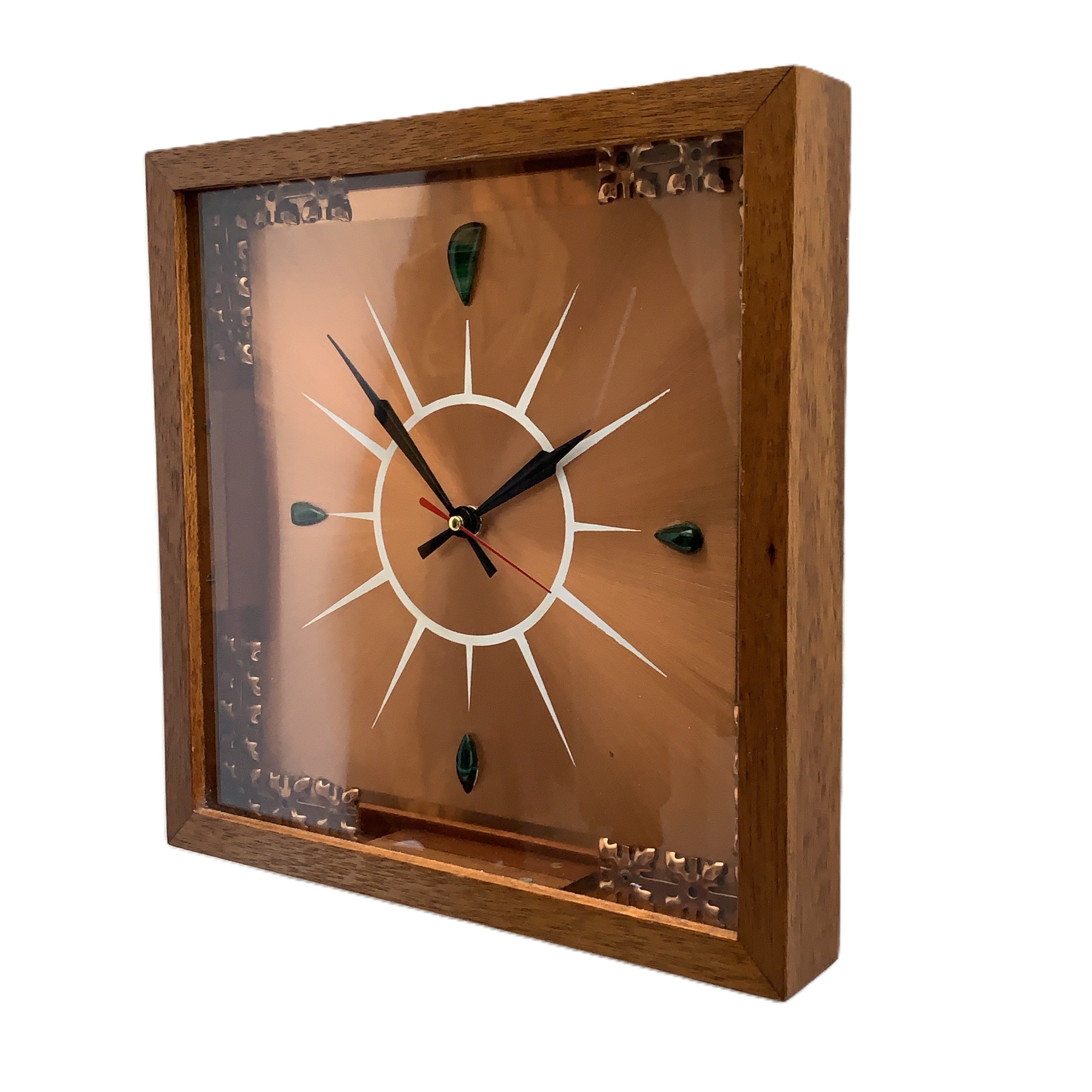 Copper Crafts Zambia Starburst Wall Clock Oak Frame Malachite Markers Vintage 1960s