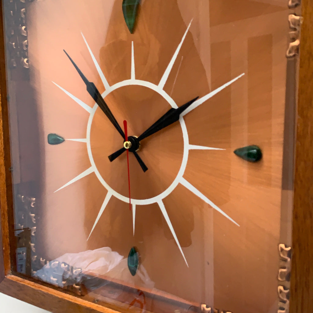 Copper Crafts Zambia Starburst Wall Clock Oak Frame Malachite Markers Vintage 1960s