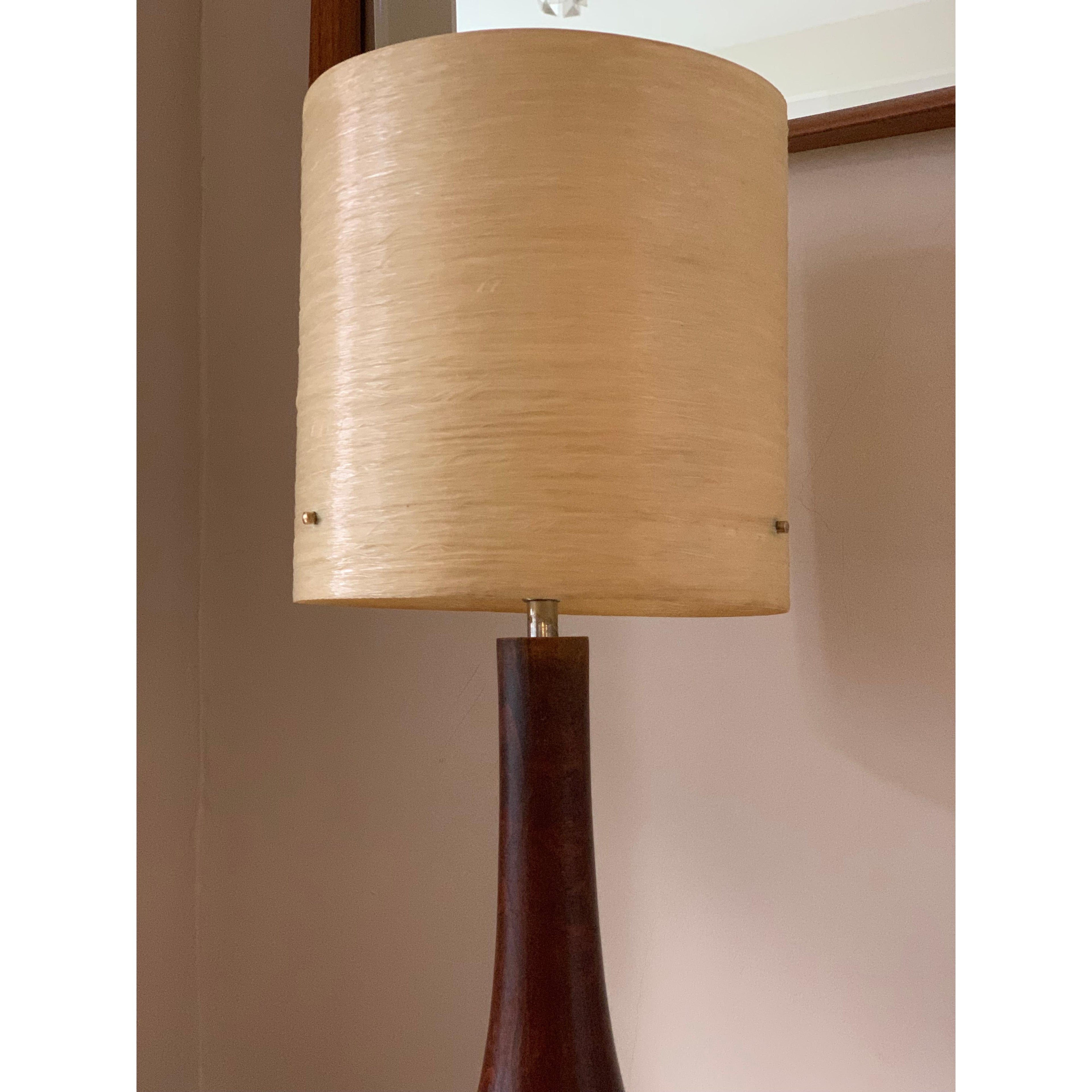 Danish Teak Bottle Table Lamp – 1960s ESA Denmark Solid Teak Original Fibreglass Drum Shade