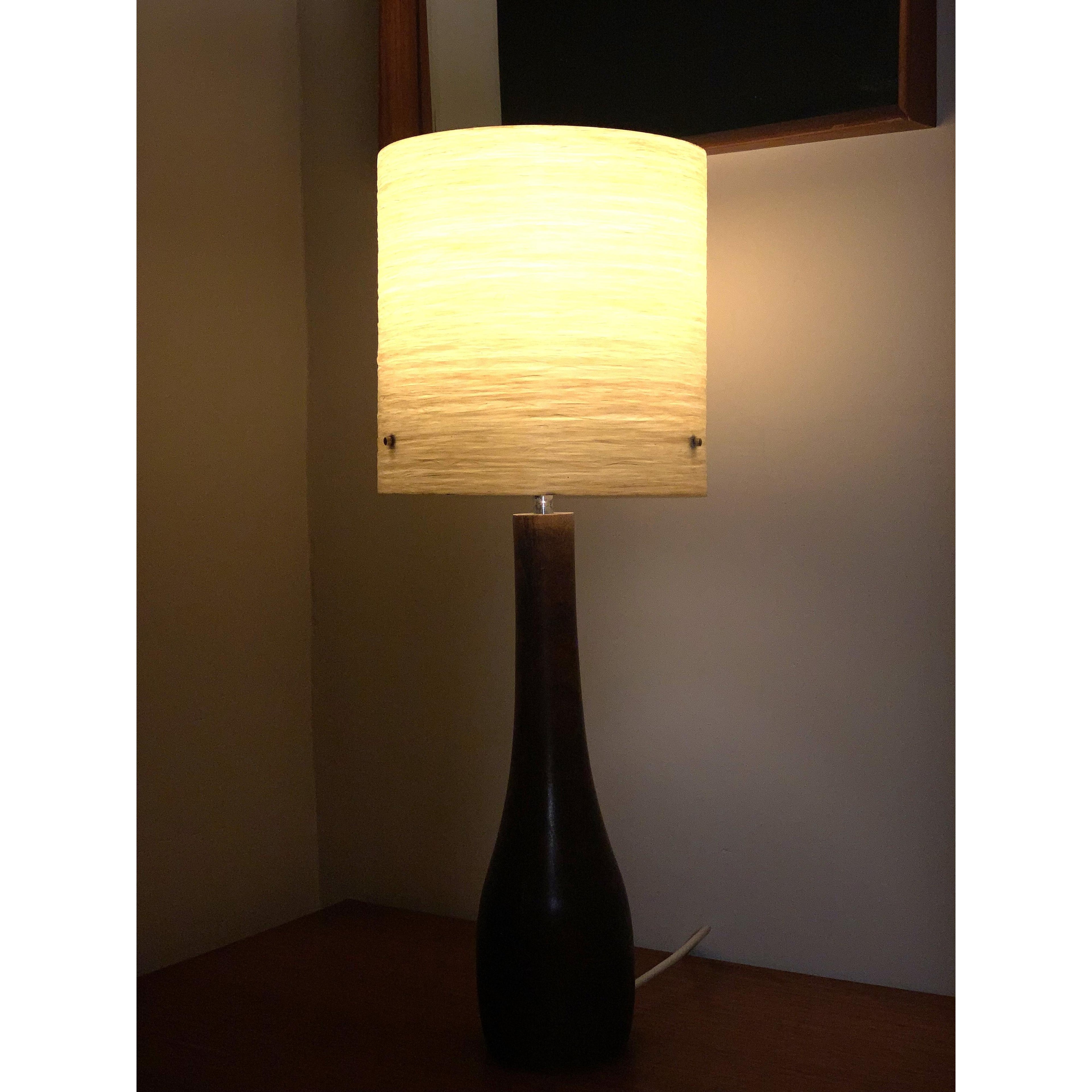 Danish Teak Bottle Table Lamp – 1960s ESA Denmark Solid Teak Original Fibreglass Drum Shade