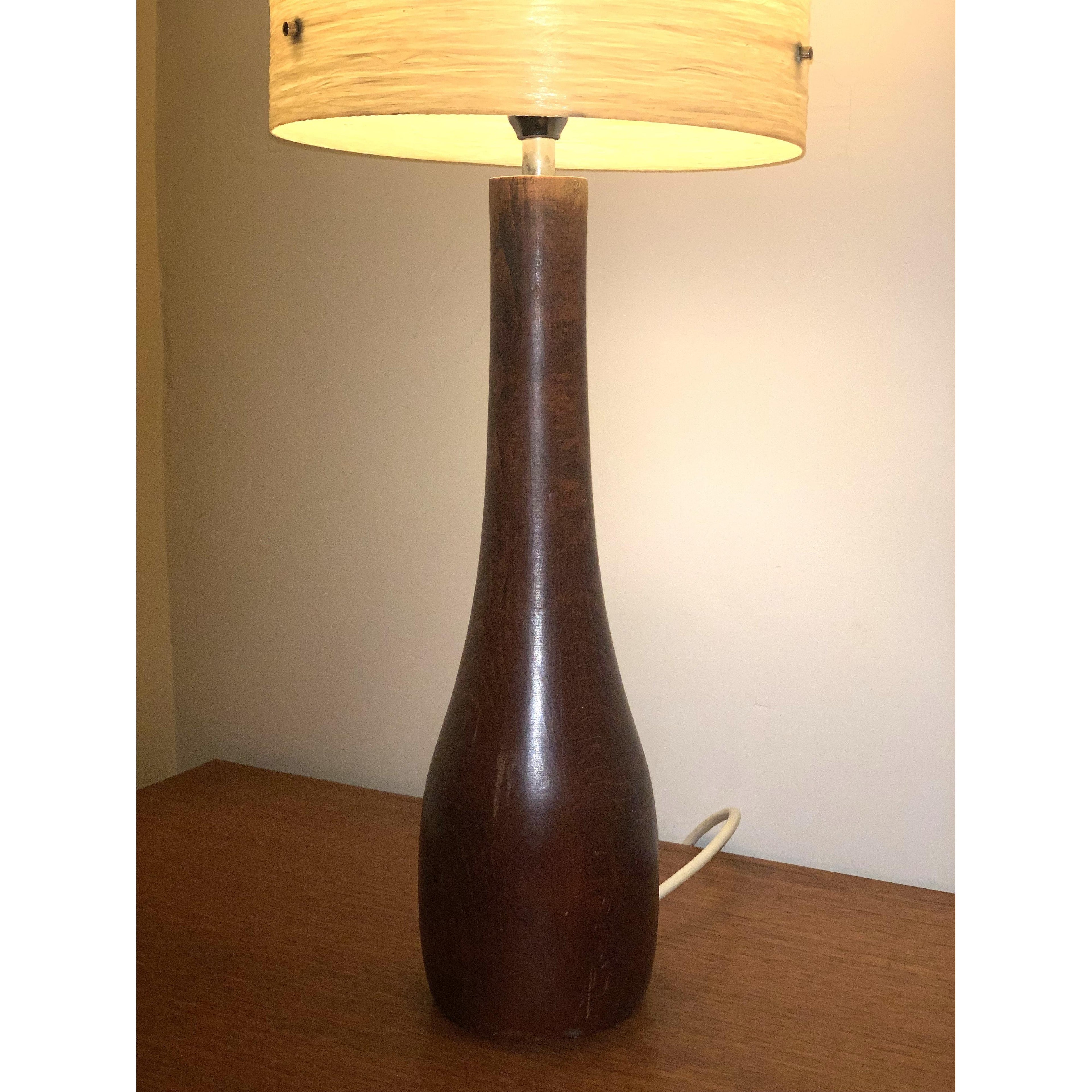 Danish Teak Bottle Table Lamp – 1960s ESA Denmark Solid Teak Original Fibreglass Drum Shade