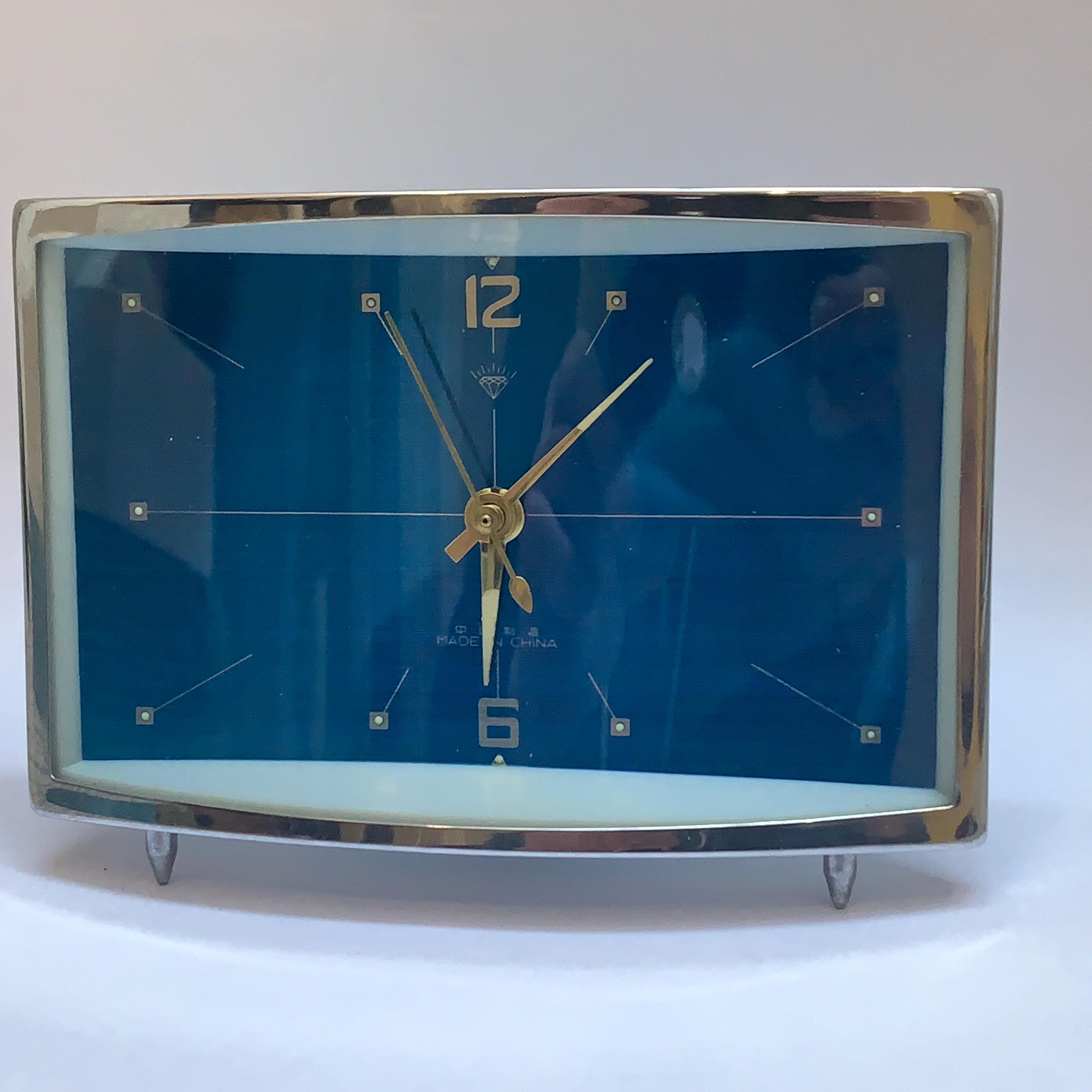 Diamond Mechanical Table Clock – Blue Dial, Chrome Case, NOS, 1980s