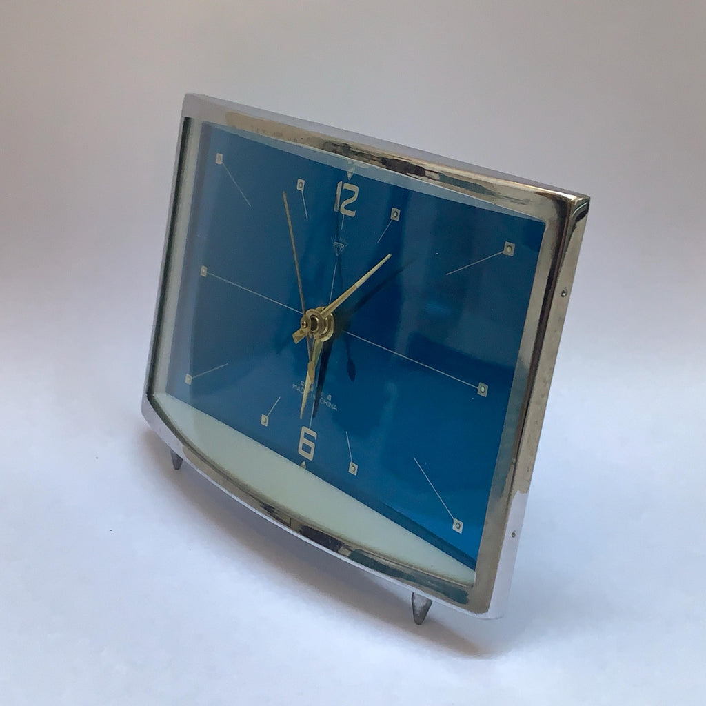 Diamond Mechanical Table Clock – Blue Dial, Chrome Case, NOS, 1980s