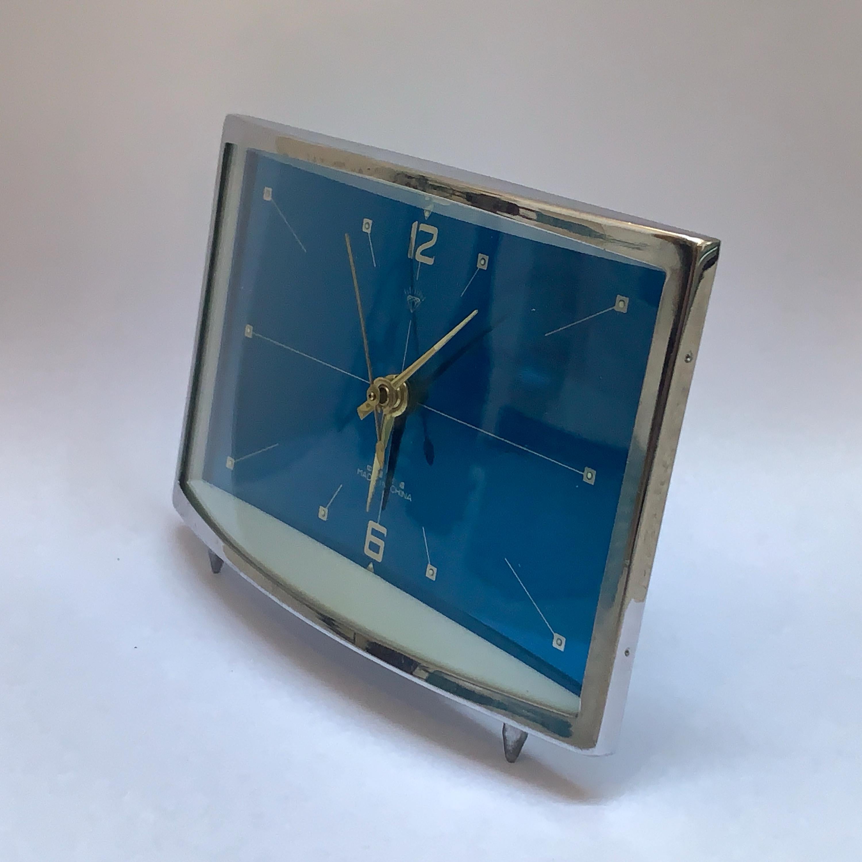 Diamond Mechanical Table Clock – Blue Dial, Chrome Case, NOS, 1980s