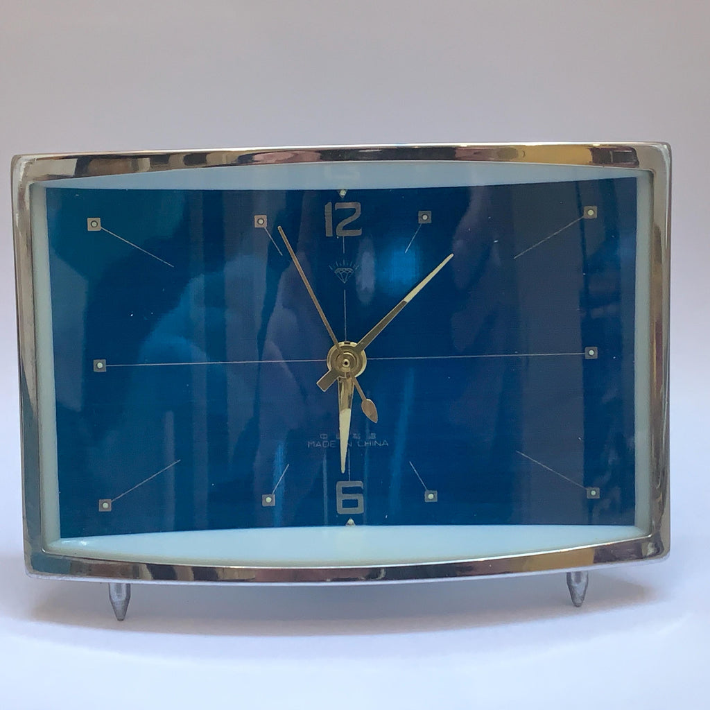 Diamond Mechanical Table Clock – Blue Dial, Chrome Case, NOS, 1980s