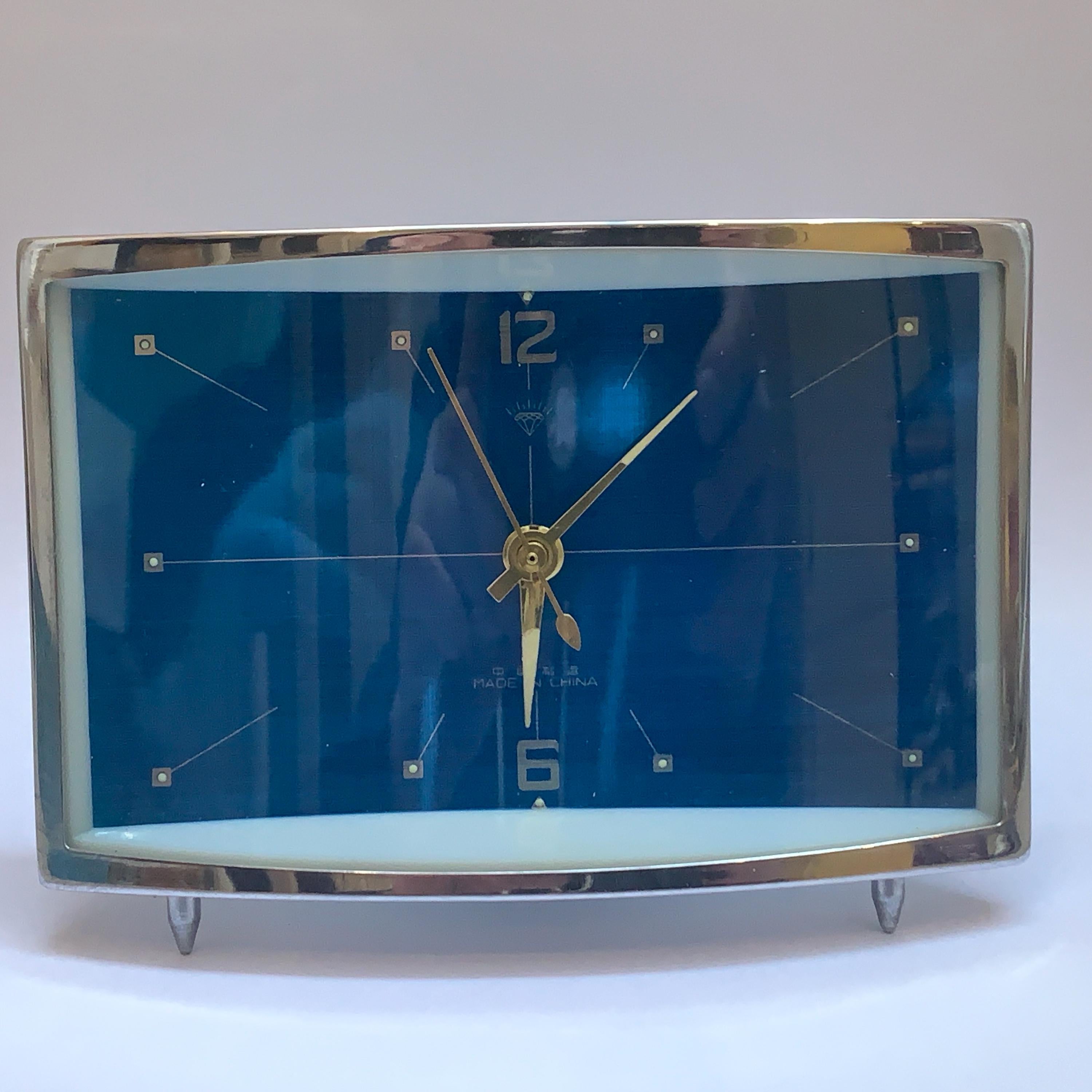 Diamond Mechanical Table Clock – Blue Dial, Chrome Case, NOS, 1980s