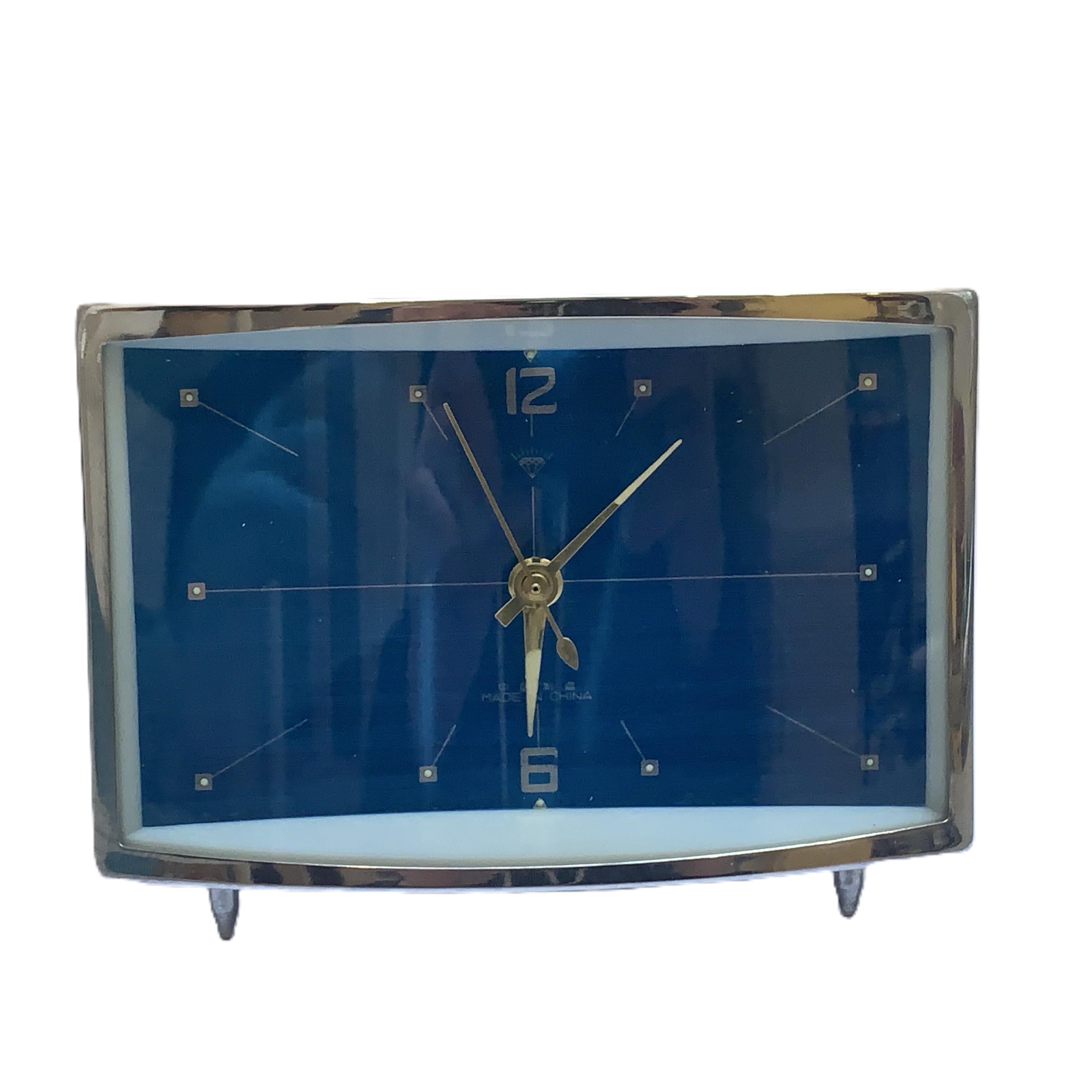 Diamond Mechanical Table Clock – Blue Dial, Chrome Case, NOS, 1980s